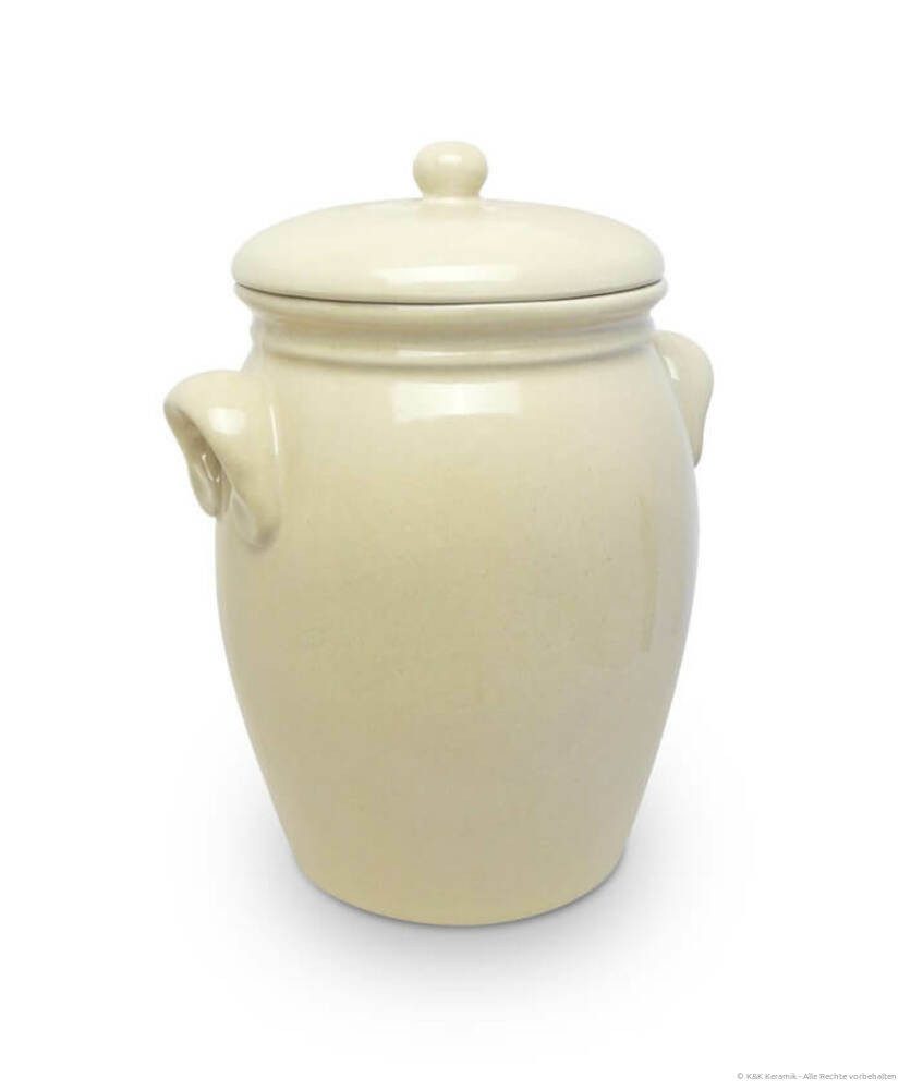 KERAZO Fermentationsglas 5L Rumtopf Einlegetopf Keramiktopf Mehrzwecktopf aus Steinzeug, beige, Keramik, Keramiktopf mit Henkel und Deckel