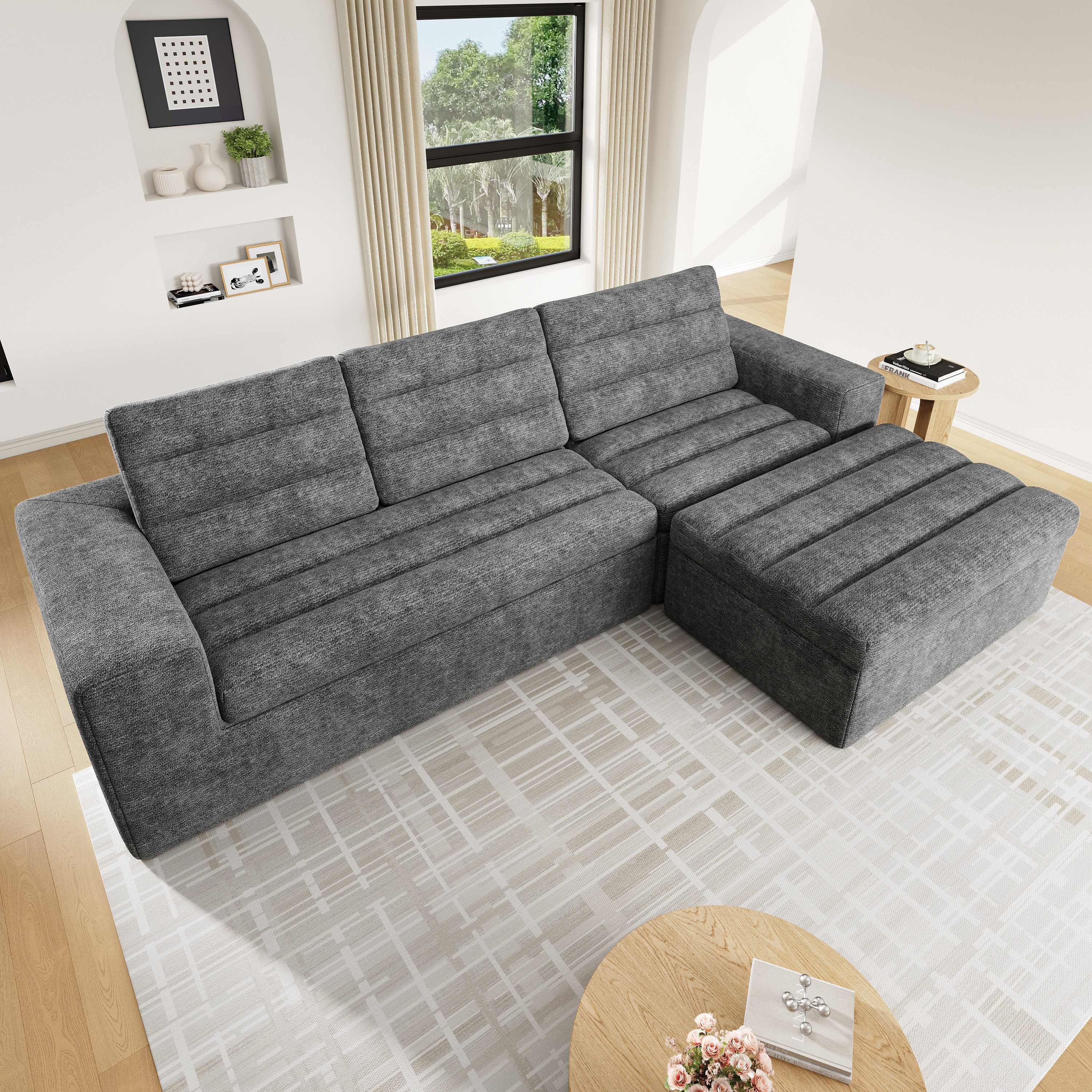 i@home Ecksofa L-förmiges Sofa, 3-Sitzer Sofa mit Hocker, rahmenloses Design,frei kombinierbar,ohne Montage,Chenille-Gewebe