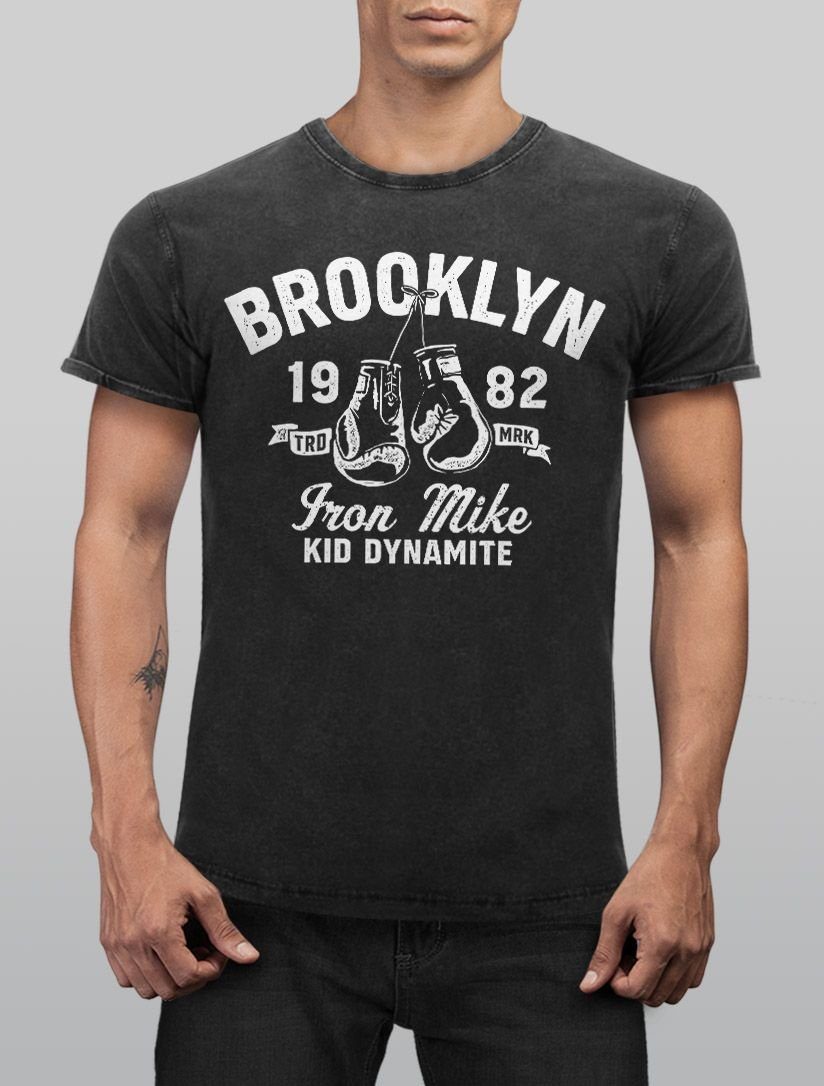 Design Neverless® Mike Boxen Brooklyn Print Look Print-Shirt Herren Neverless mit Shirt T-Shirt Aufdruck Printshirt Iron Vintage Used Retro
