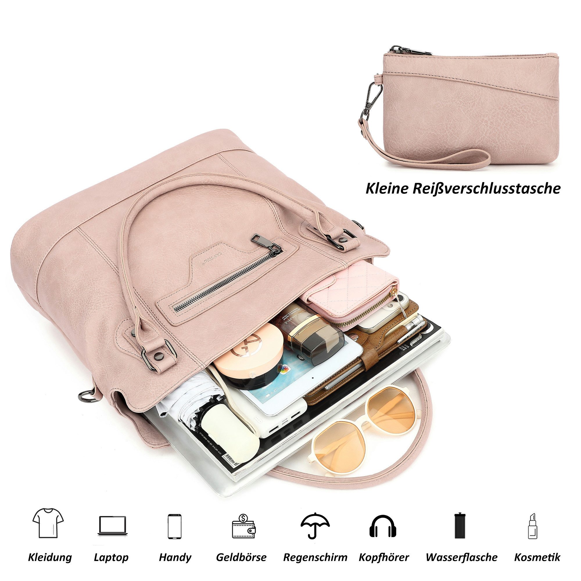TAN.TOMI Handtasche Damen Schultertasche - Set Shopper Umhängetasche Henkeltasche, Mit abnehmbarem Schultergurt für Einkauf Reise Büro Schule – Bild 3 von 5