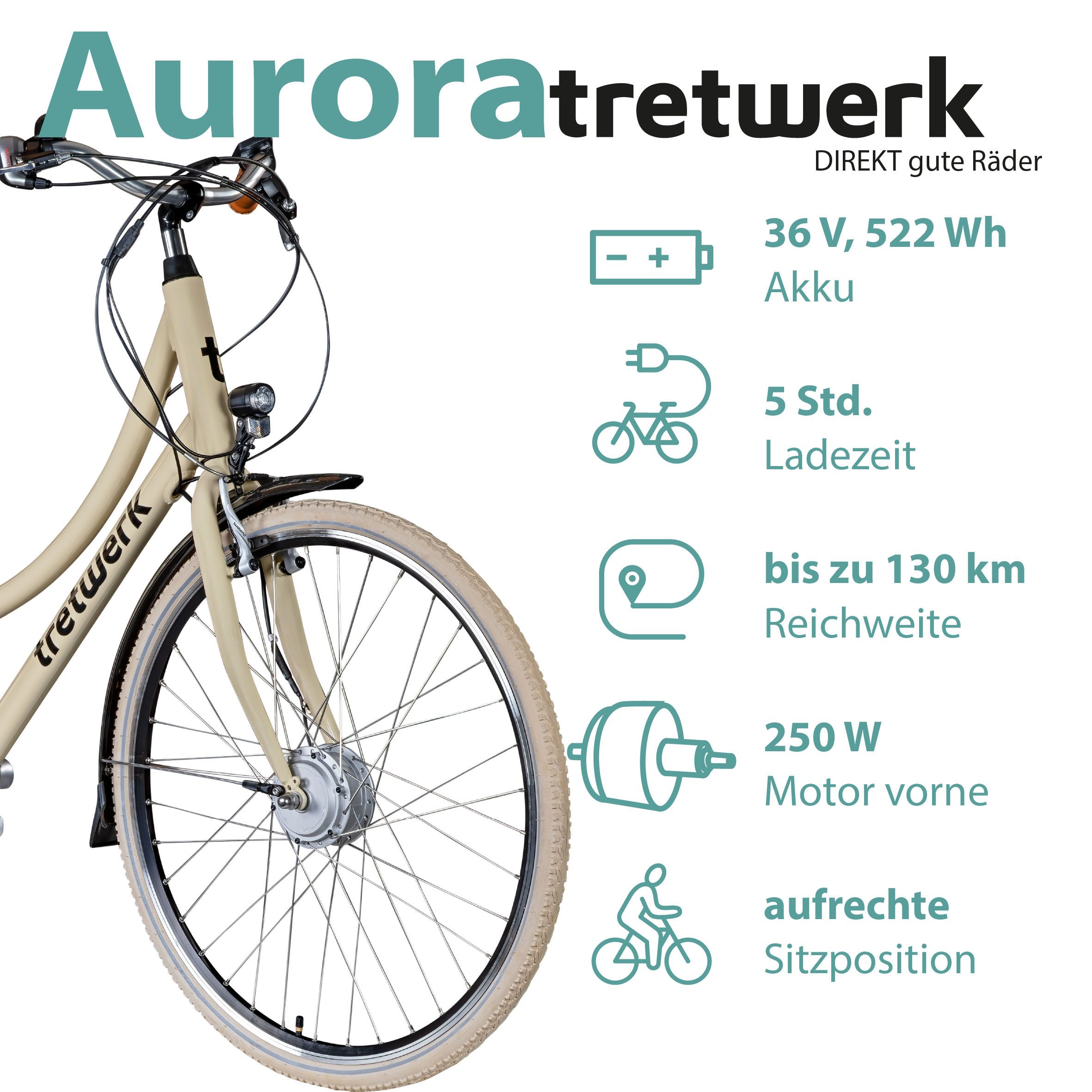 Tretwerk E-Bike Cityrad Aurora, 7 Gang, Nabenschaltung, Frontmotor, 522 Wh, Pedelec, Elektrofahrrad für Damen und Herren