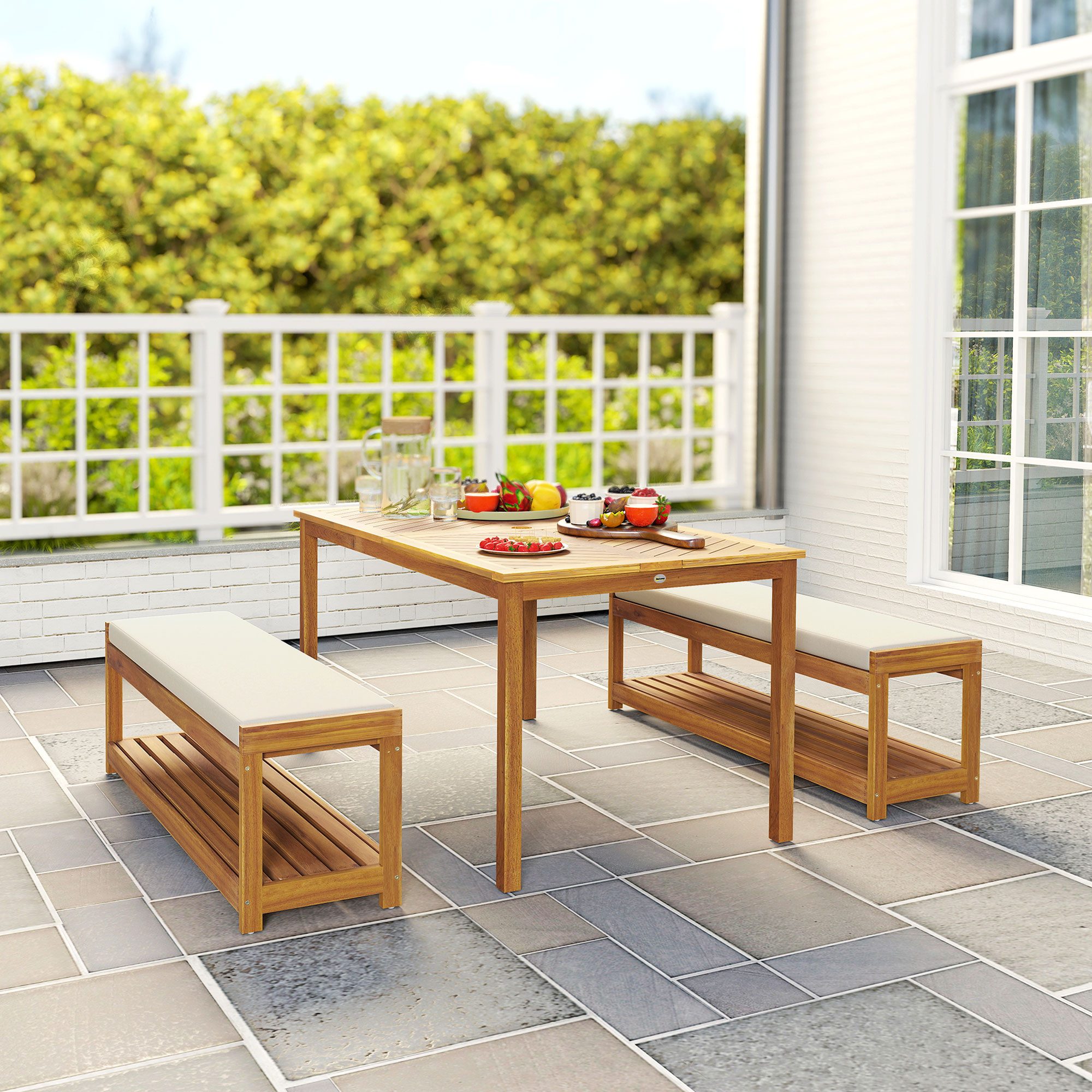 MC Star Gartenlounge-Set 3 tlg. Gartenmöbel-Set, Sitzgarnitur inkl. 1 Esstisch, (mit Schirmloch, 2 Bänke 150 x 85 x 75 cm Teak)
