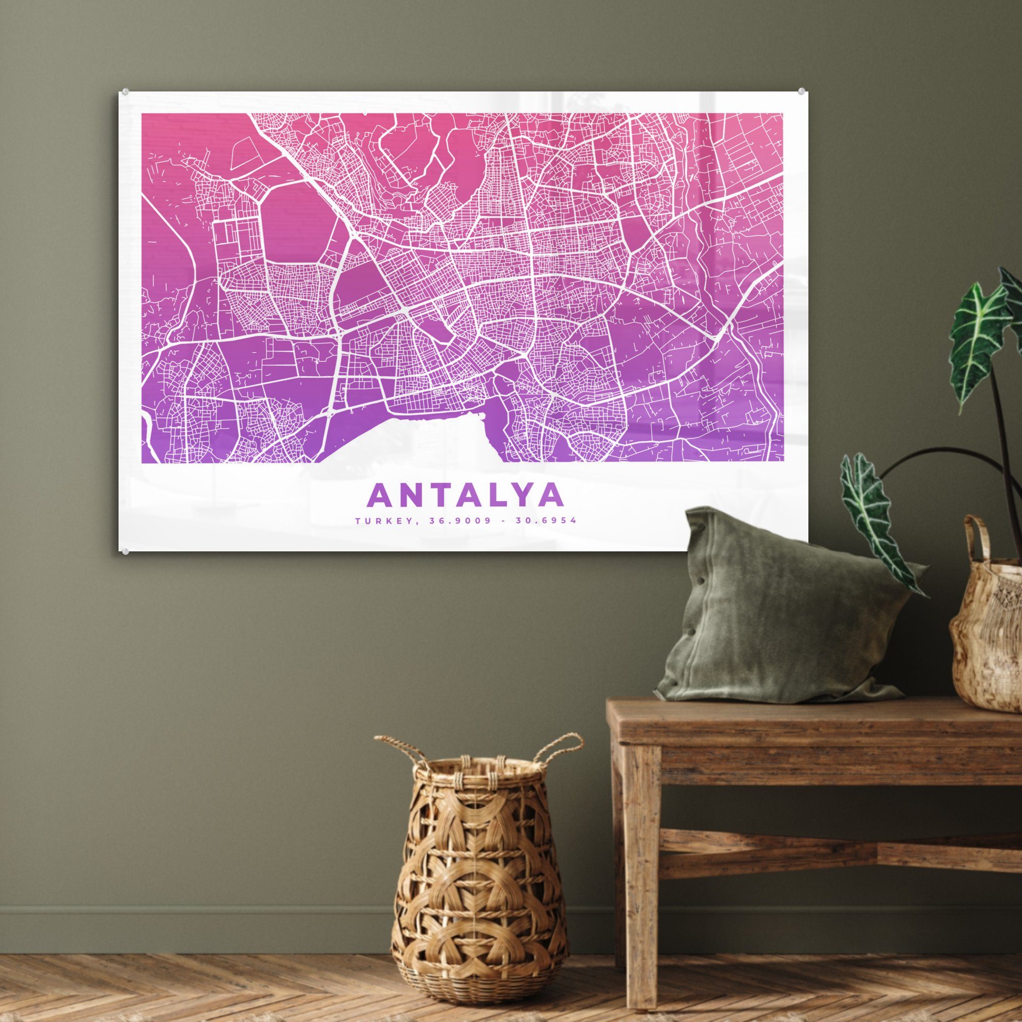 MuchoWow Acrylglasbild Antalya - (1 Schlafzimmer & St), Acrylglasbilder - Türkei Karte, Wohnzimmer
