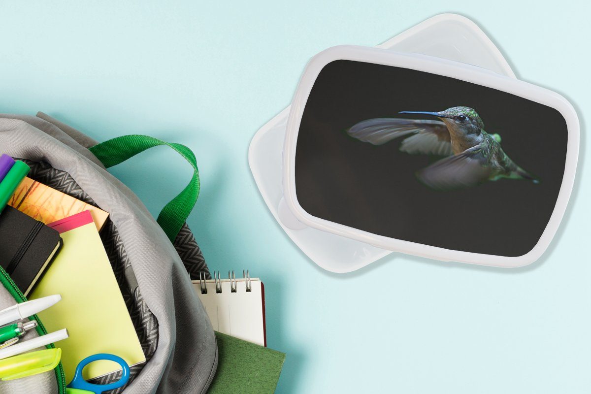 MuchoWow Lunchbox Kolibri - Erwachsene, - Brotdose, für (2-tlg), Mädchen Brotbox Kunststoff, Schwarz, weiß Federn für Kinder und und Jungs