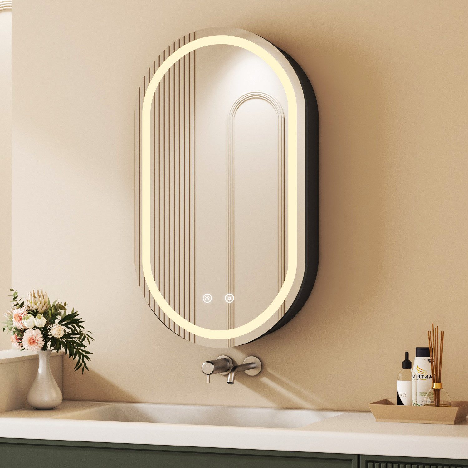 WDWRITTI Spiegelschrank Bad mit Beleuchtung Oval LED Badezimmerspiegelschrank Schwarz (Schrank 40x13x70cm mit 3Lichtmodi, Anti-fog, Helligkeit einstellbar) Speicherfunktion