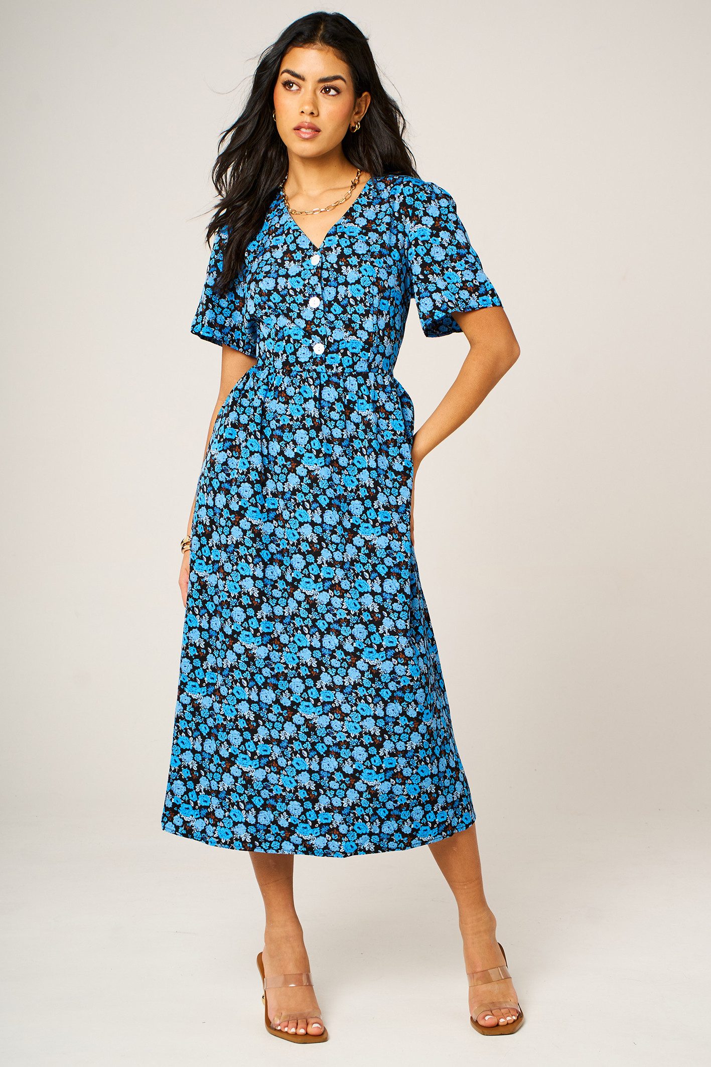 FS Collection Sommerkleid Damen Midikleid Sommerkleid Freizeitkleid geblümt mit Knopfleiste (XS (EU:36 / UK:8) · S (EU:38 / UK:10) · M (EU:40 / UK:12) · L (EU:42 / UK:14) · XL (EU:44 / UK:16) Knopfleiste, gesmokte Taille, Blumenmuster