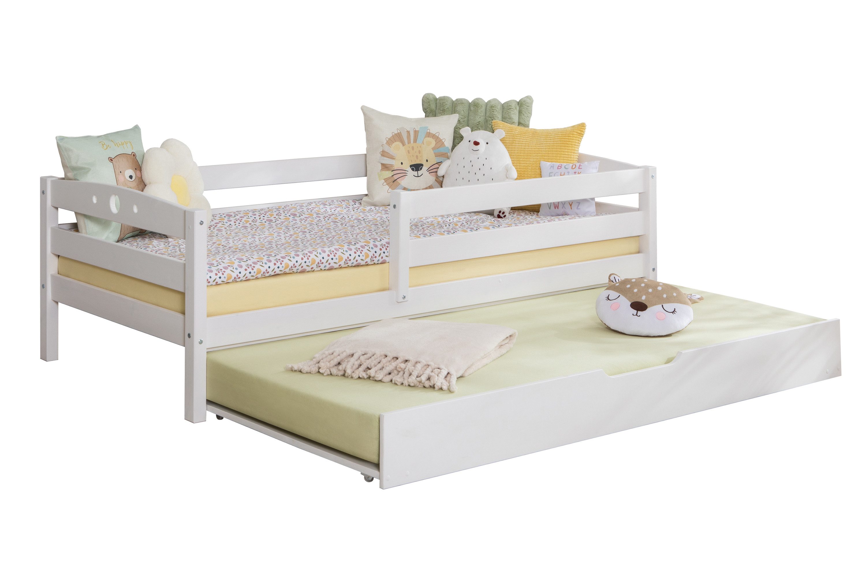 Ticaa Kinderbett Funktionsbett Eli Daybett Kinderbett Jugendbett (90x200 aus Kiefer Massivholz), inkl. Roll-Lattenrost & Ausziehbett, mit Rausfallschutz, Weiß