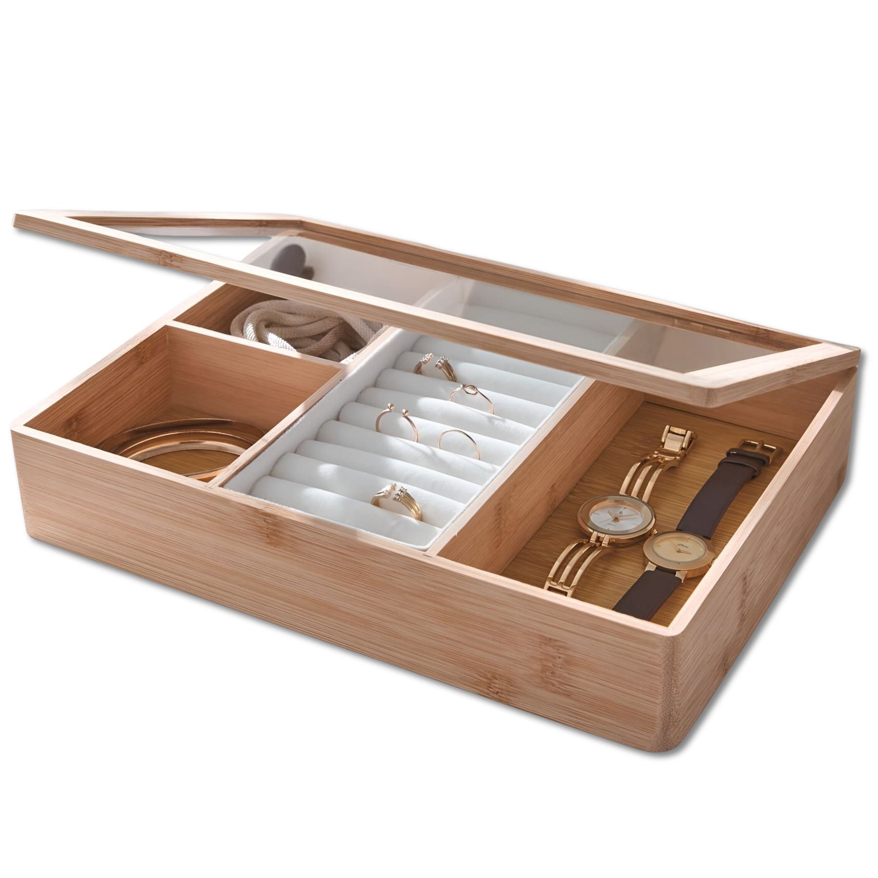 Dekoleidenschaft Schmuckkasten "Bamboo" Schmuckkästchen aus Bambus mit Glasdeckel, Schmuckschatulle, Schmuck Aufbewahrungsbox, Schmuckaufbewahrung