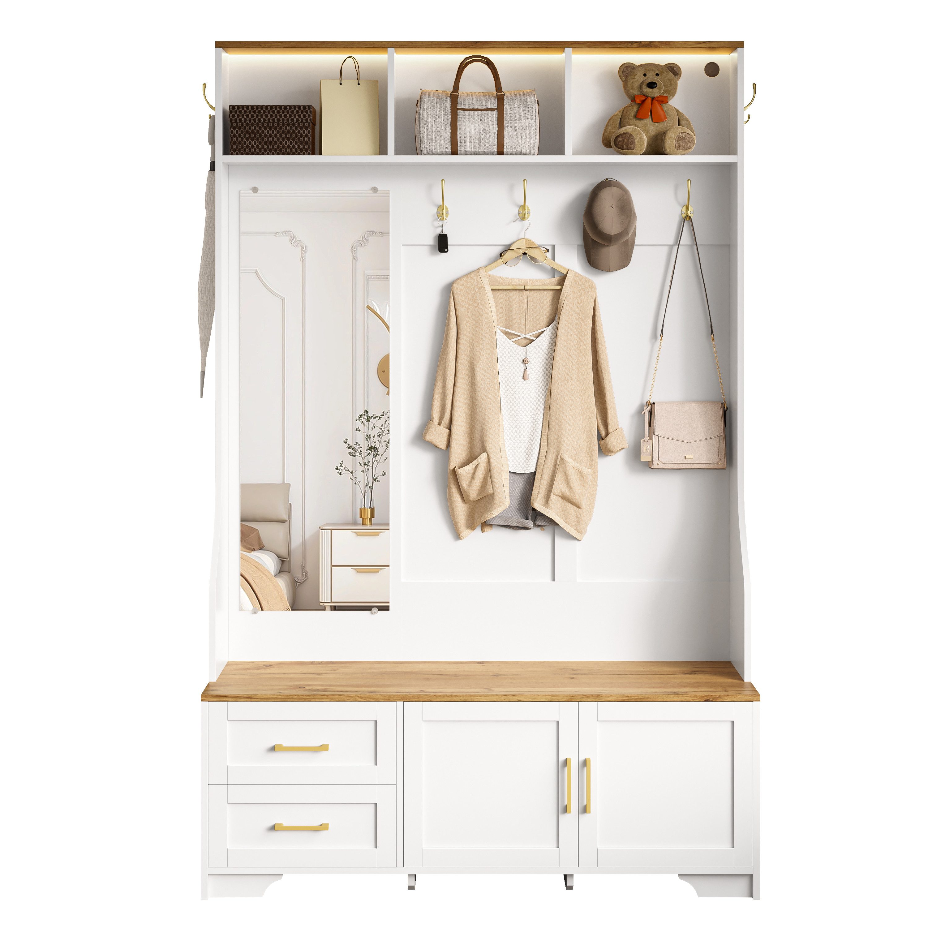 ANYSUN Garderoben-Set multifunktionale Flurgarderobe Garderobe mit LED-Beleuchtung, (Komplett-Set, bestehend ausGarderobenschrank mit Spiegel), Griffe aus Metall, mit Spiegel, Haken und Schubladen