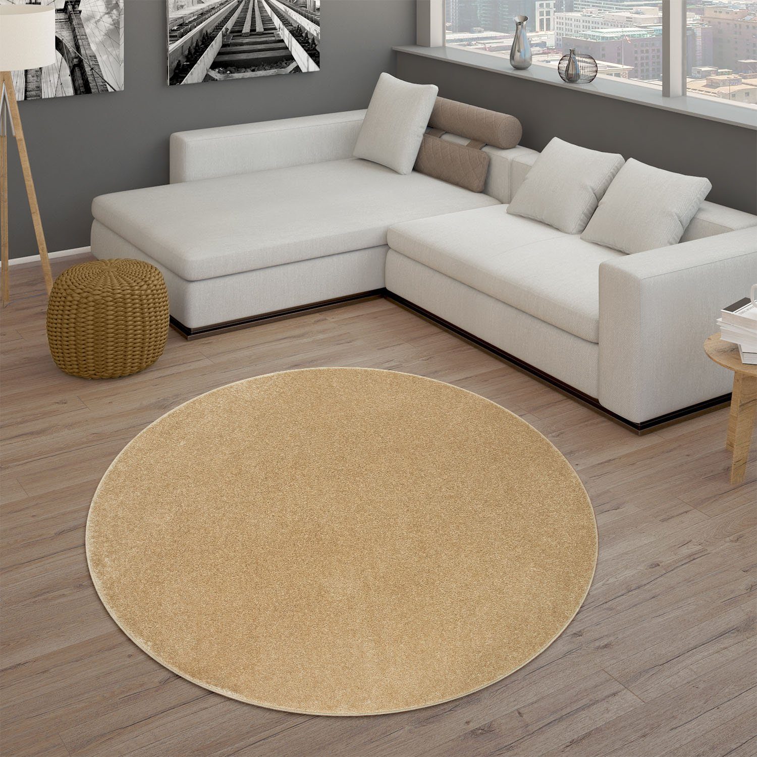 Paco Home Teppich Porto 890, rund, Höhe: 13 mm, Kurzflor, Uni-Farben, ideal im Wohnzimmer & Schlafzimmer