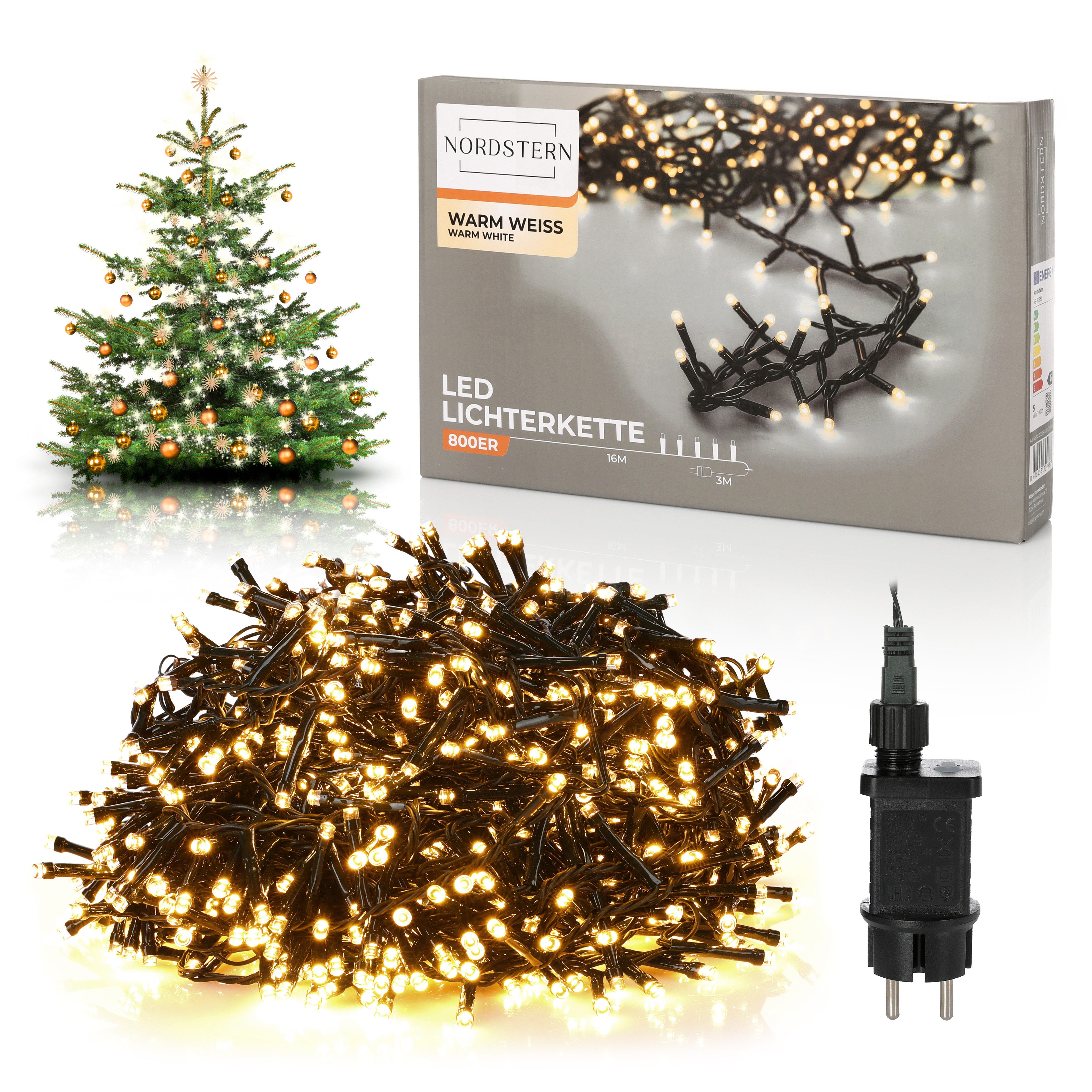 Nordstern LED-Lichterkette WarmWeiß von 24 bis 1.200 LED Weihnachtsdeko für Innen und Außen, mit Stecker 800 LED - 16 m für Weihnachtsbaum