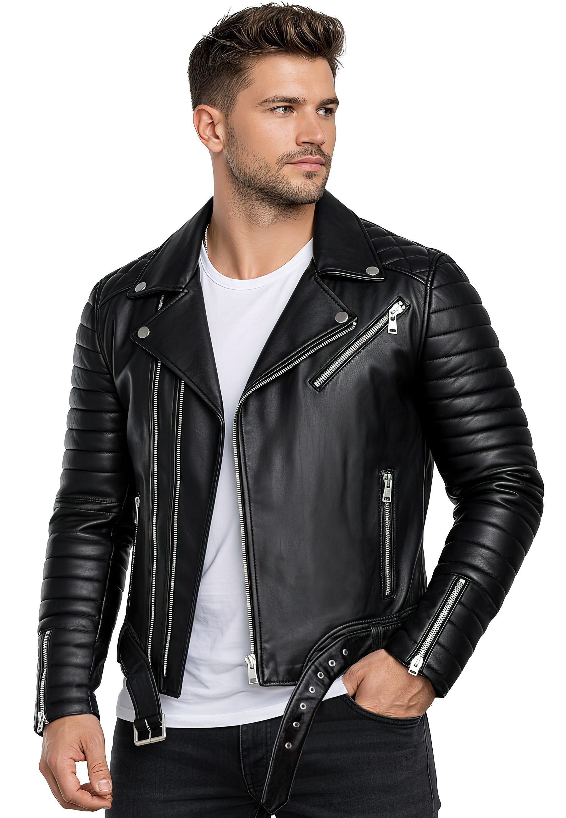 Reichstadt Lederjacke Herren Slim Fit Bikejacke RS001 im Bikerstyle mit Silver Zippern