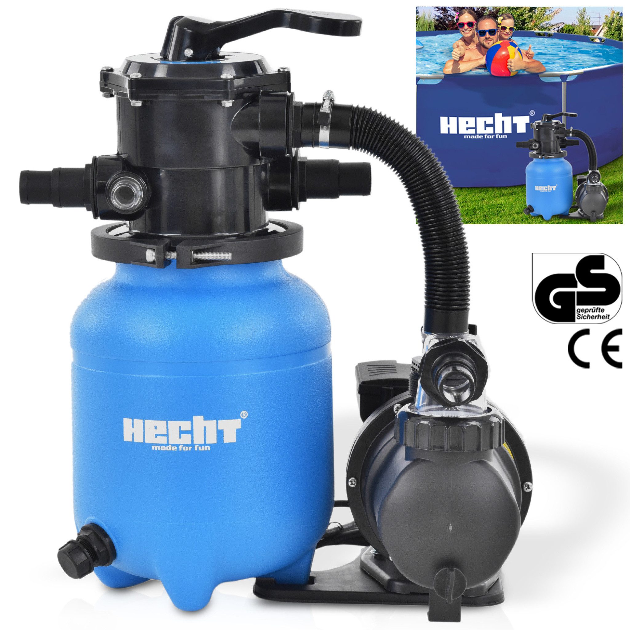 Hecht Sandfilteranlage 7-Wege Ventil, 12 kg Sandkapazität, 6 m³/h, 0,4 – 0,8 mm Sandkörnung, 200W, 32/38 mm Schlauchanschlüsse