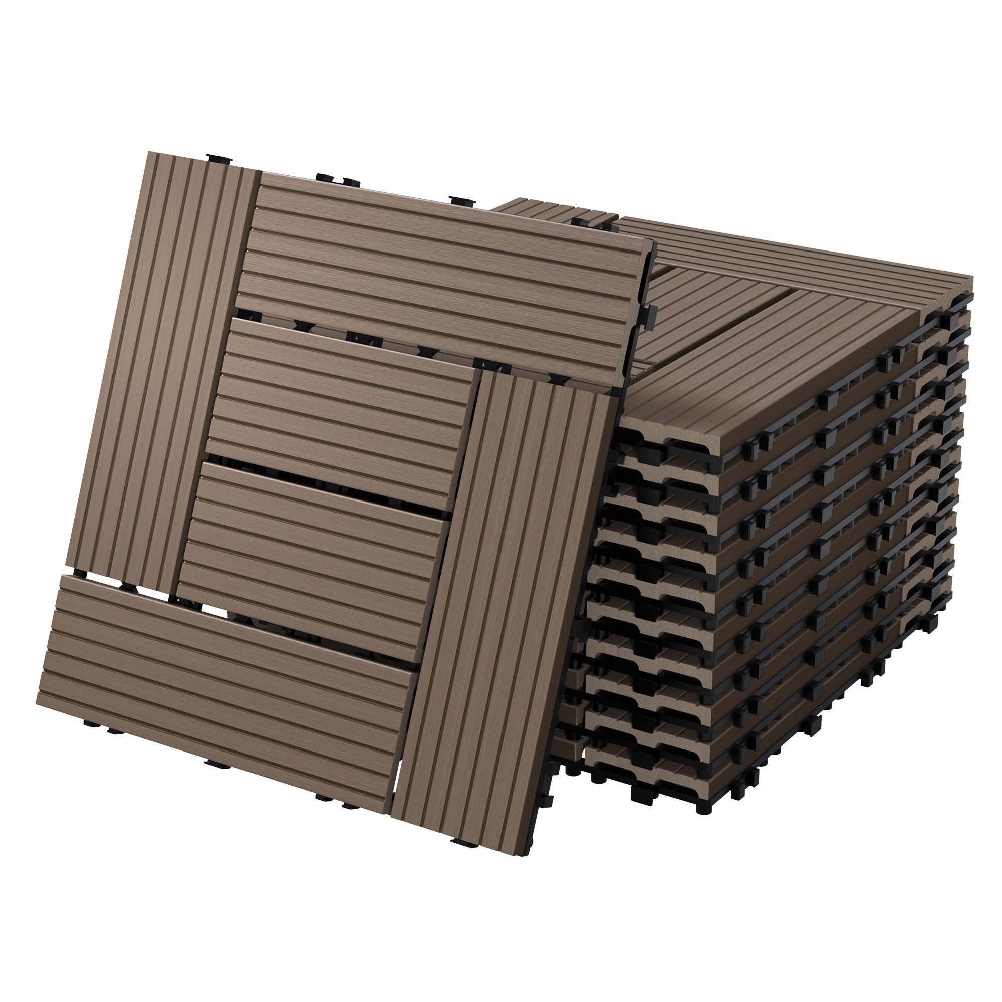 ECD Germany Terrassendielen WPC Bodenplatte Terrassenfliesen Fliesen mit Drainage und Klicksystem, BxL: je 30x30 cm, 22 mm Stärke, Bodenbelag 1m²/11 Stück Dunkelbraun rutschfest Balkonfliesen