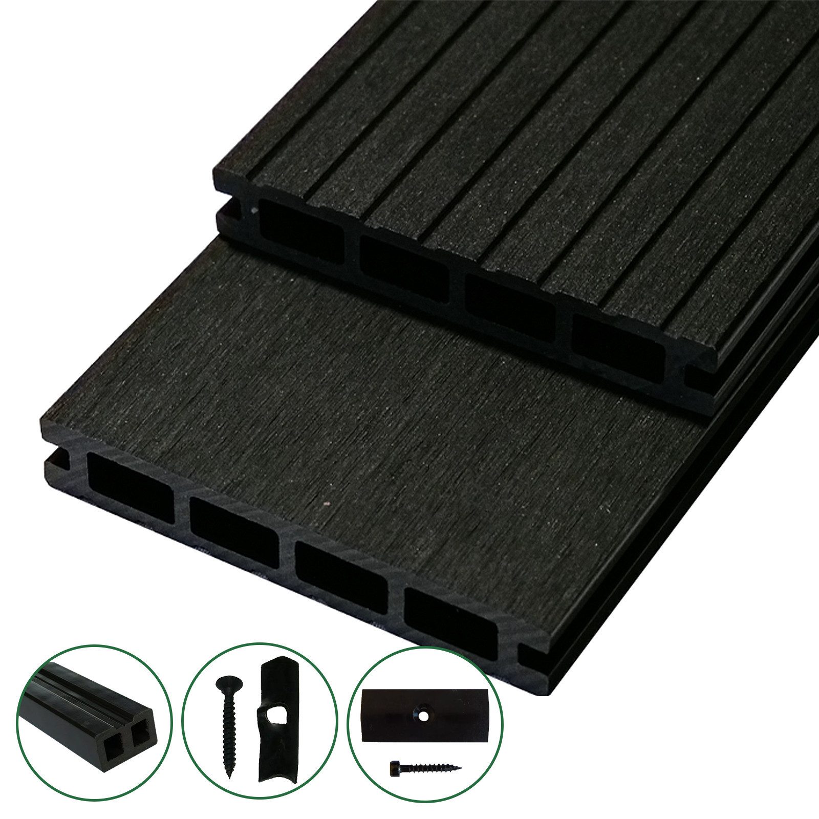 Woodstore24 Terrassendielen WoodoRhodos WPC Diele für Terrasse und Balkon mit Clipsystem, (Bodenbelag Komplettset mit Unterkonstruktion, Clip-Befestigung, 2,4m L x 12cm B x 2cm Stärke, in grau, anthrazit oder braun), Holzoptik, Klicksystem, Außenbereich, Gastronomie geeignet, wetterfest