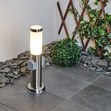 hofstein Pollerleuchte »Gnocchetta« Sockelleuchte aus Metall/Kunststoff in Nickel-matt/Weiß, ohne Leuchtmittel, Gartenlampe m. E27, IP44 mit 2 Steckdosen