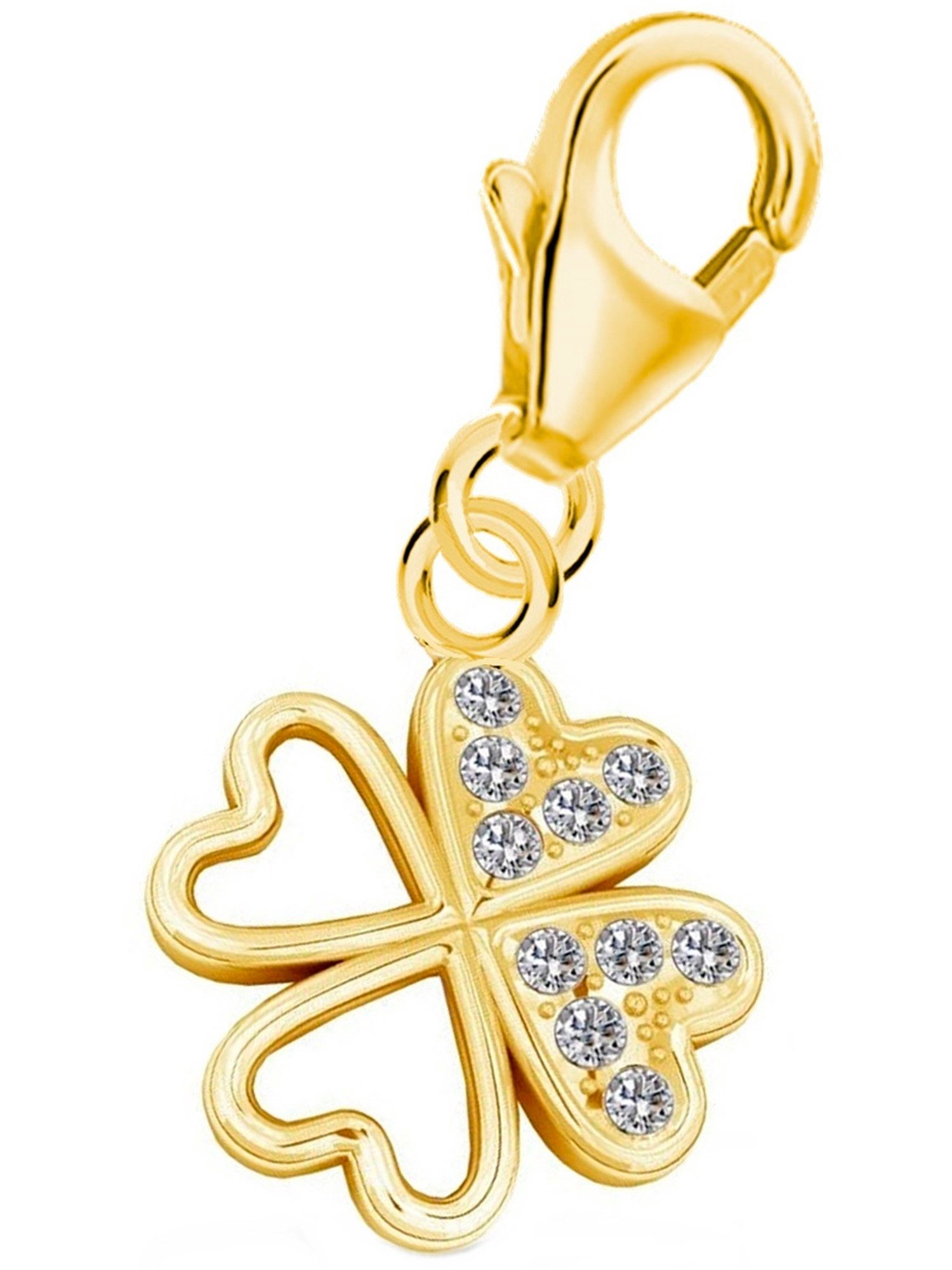 Goldene Hufeisen Charm-Einhänger Charm Kleeblatt 925 Silber mit Zirkonia Vergoldet I Echtschmuck (1 Stück, inkl. Etui), 925 Sterling Silber vergoldet Zirkonia Goldschmuck Armband Damen