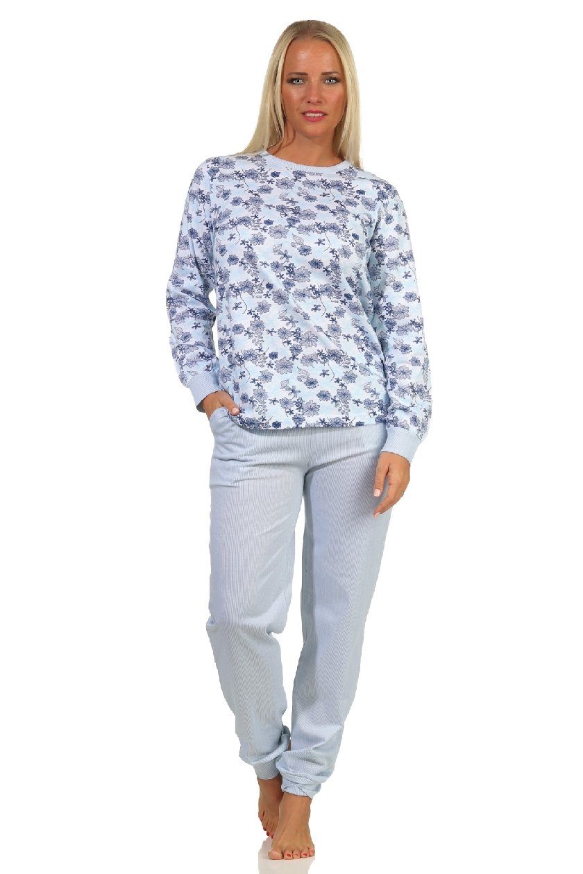 Normann Pyjama Damen Pyjama langarm Schlafanzug mit Bündchen - 212 557 hellblau