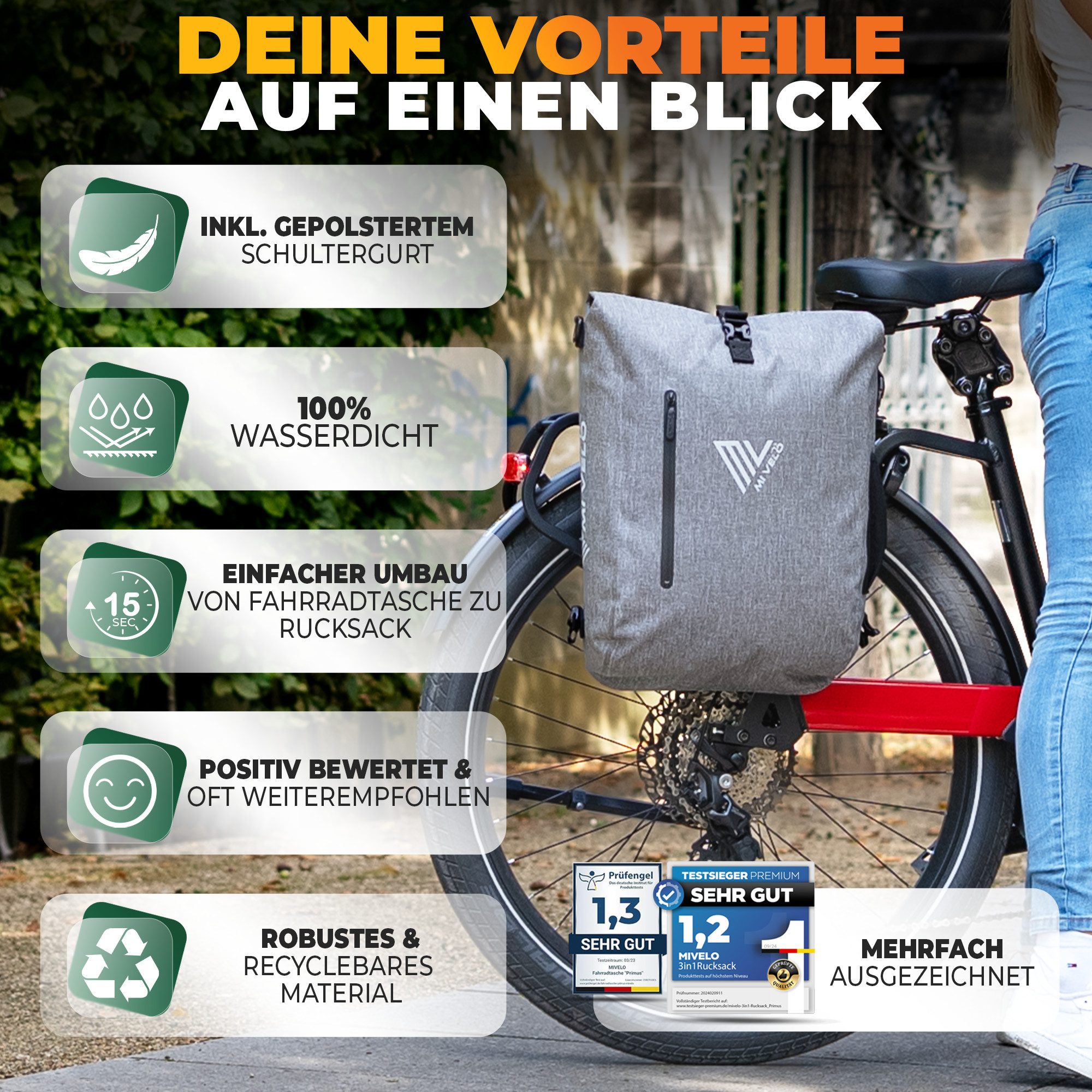 MIVELO Fahrradtasche 3in1 Gepäckträgertasche, Rucksack für Fahrrad Gepäckträger wasserdicht, 20L Volumen