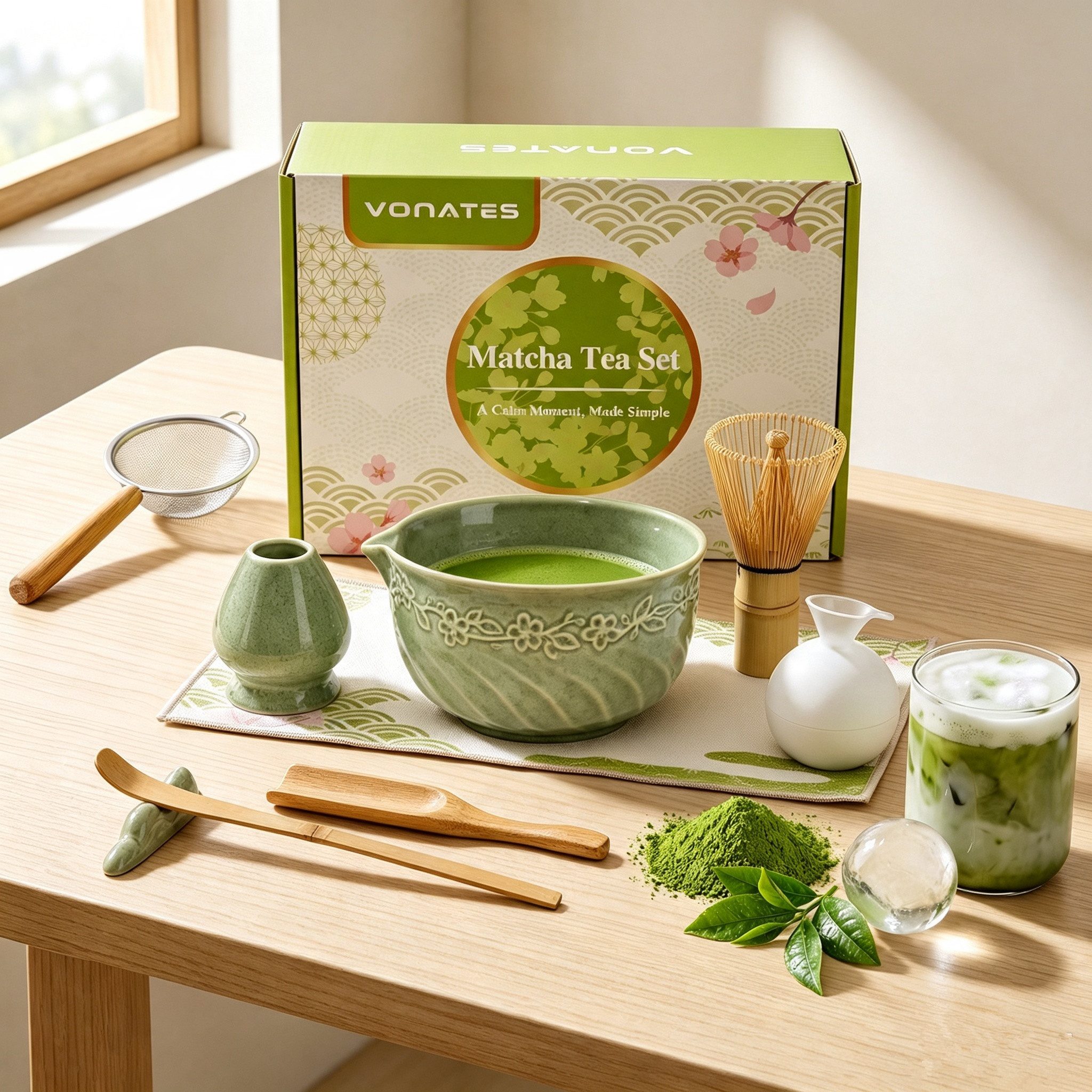 VONATES Teeservice 9-teilig Matcha Set mit Matcha-Schale, Bambus-Besener & Halter, Sieb, Löffel, Tuch, Eisform, aus Bambus und Keramik für Teezeremonie