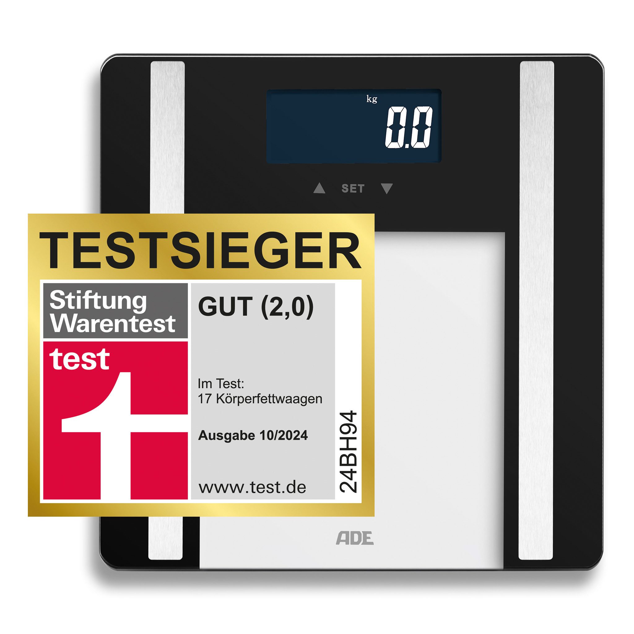 ADE Körper-Analyse-Waage Digitale Körperfettwaage "Ines" bis 200 kg, präzise Körperwaage, Testsieger Stiftung Warentest Ausgabe 10/2024