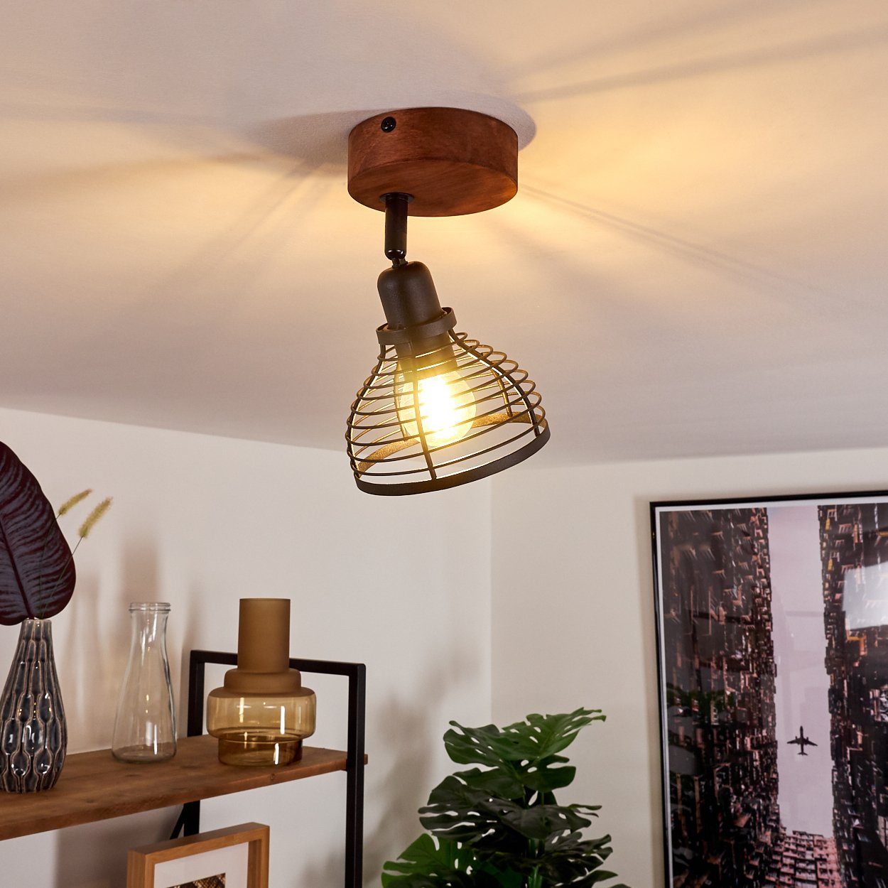 und ohne Look dreh-/schwenkbar Wandlampe Deckenleuchte Metall Zimmerlampe, ist in hofstein »Mure« aus dunkeln Leuchtenkopf Vintage/Retro Schwarz Leuchtmittel, E14, Holz,