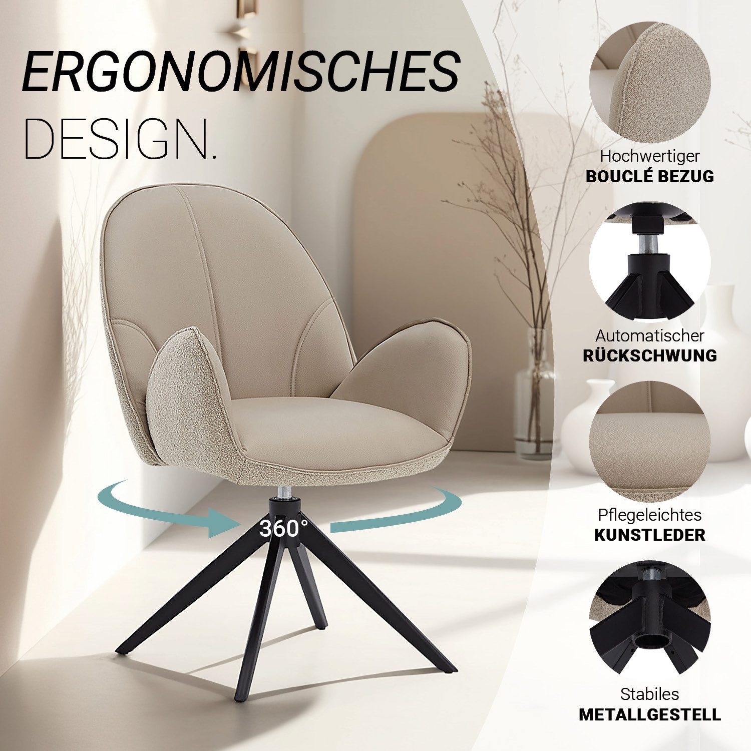 Homestyle4u Armlehnstuhl Esszimmerstuhl Bouclé Drehbar Braun Rückschwung Lounge Vintage (2er Set, Beige/Almond Milk, außen Bouclé Bezug, innen Kunstleder, drehbar, Rückschwung Funktion, 2 St), Essstuhl
