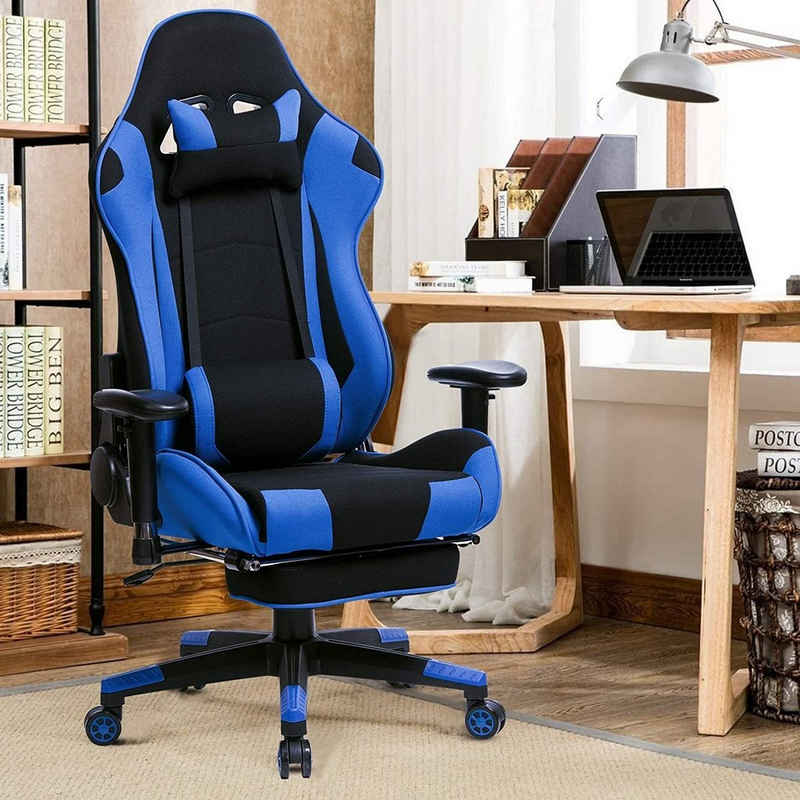 Woltu Gaming-Stuhl (1 Stück), mit Kopfstütze und Lendenkissen, Armlehne verstellbar, mit Fußstütze, Stoff, höhenverstellbar Blau