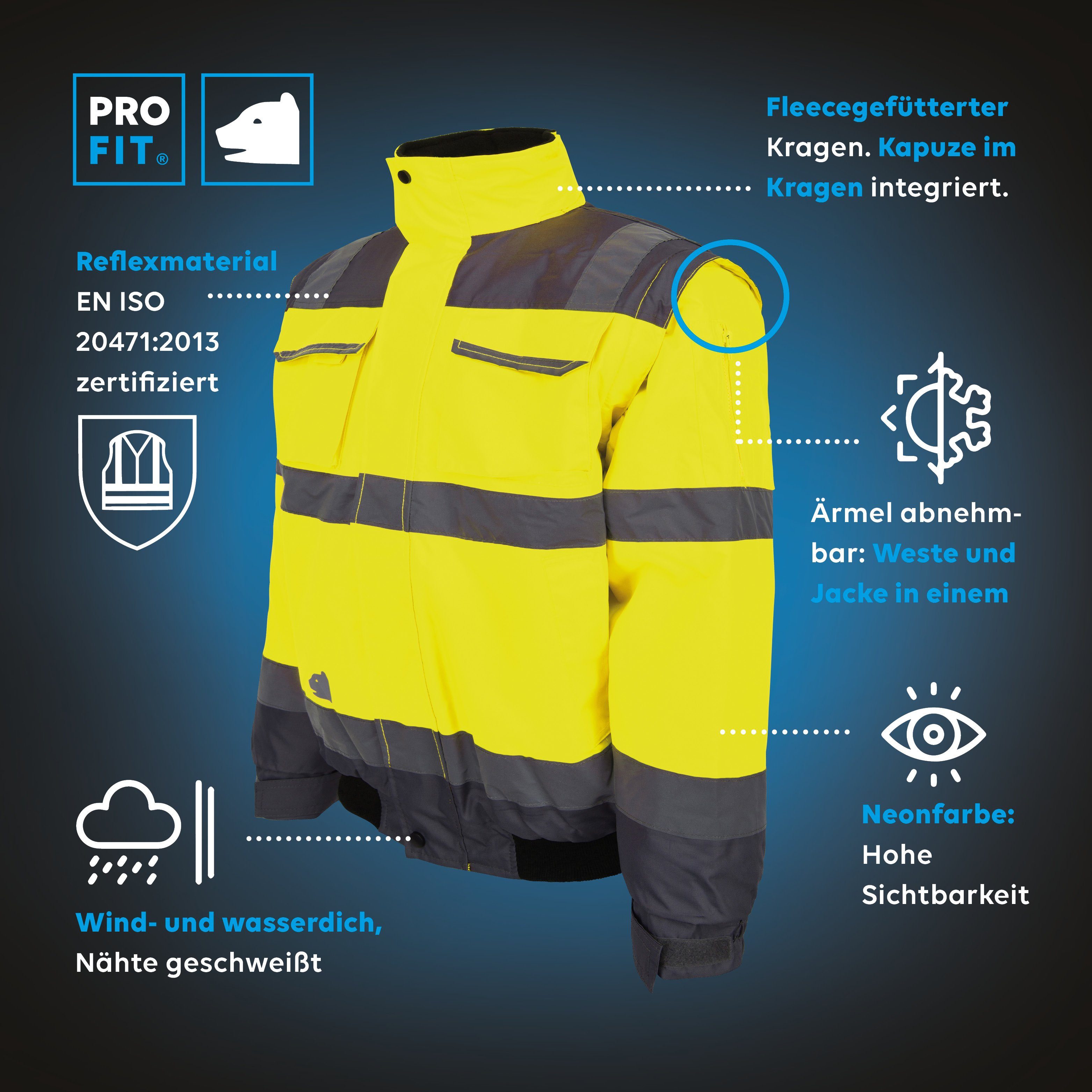 FIT Pilotenjacke Wasserdicht, Fitzner Kapuze by Arbeitsjacke Winddicht, Warnschutz Kragen (1-St) Reflektionsstreifen, Neongelb/Grau im PRO