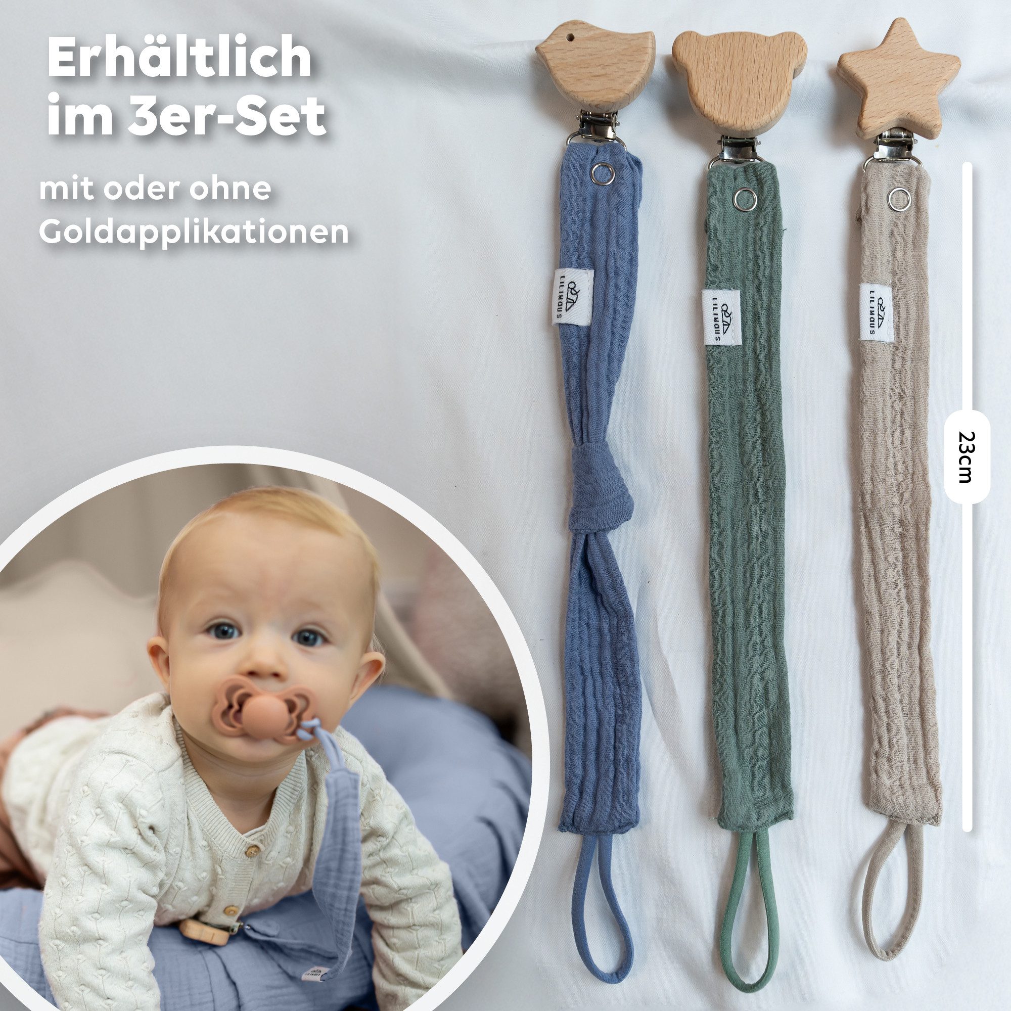 lilimaus Schnullerbefestigung Schnullerkette aus Musselin & Holz - handgemacht, (3-tlg), mit Holzclip & sicherer Länge - schadstoffgeprüfte Musselin-Baumwolle