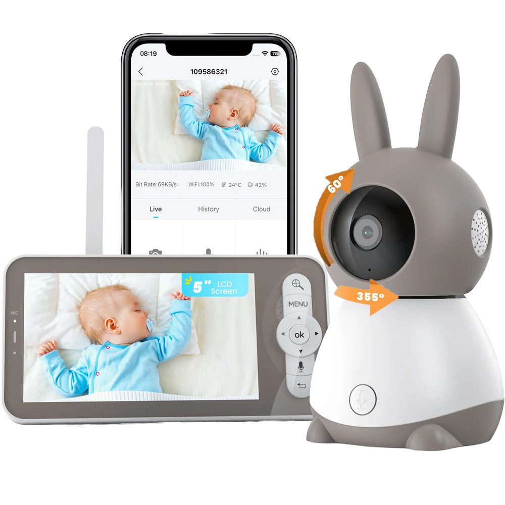 Boifun Babyphone 5 Zoll WLAN Video babyfone PTZ 355° Babyphone mit Kamera 2K/3MP, IR-Nachtsicht, Automatische Verfolgung,Temperaturanzeige, 1-tlg., Weinen/Bewegungs/Geräuscherkennung,unterstützt Mobile App Steuerung, Präzisere Warnungen,Schlafmodus&Schreierkenn,Gefahrenbereichserkennung