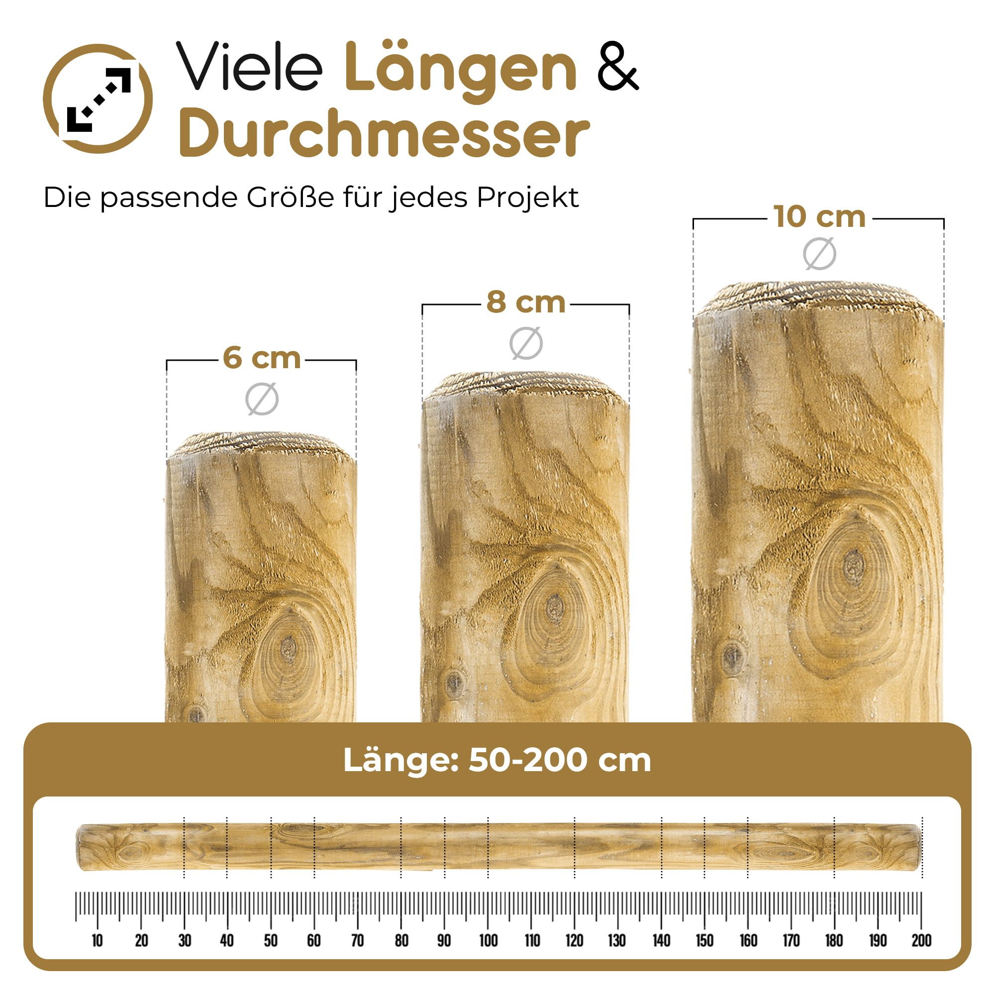 BooGardi Palisade Baumpfahl · Pfosten beidseitig gefast & imprägniert · 18 Größen, LxH: 50x6 cm, Palisade · Holzpfosten rund · Stärke 6 cm Länge: 50 cm, Rundholz · Holzpfahl · Zaunpfosten · Holz für Holzzaun