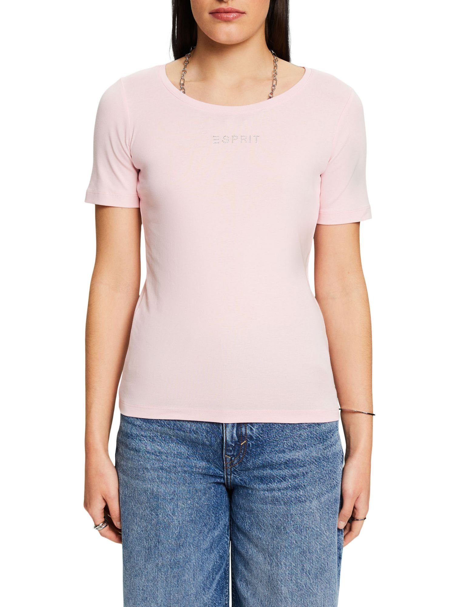 Esprit T-Shirt Top mit PASTEL PINK Strass-Logo (1-tlg)