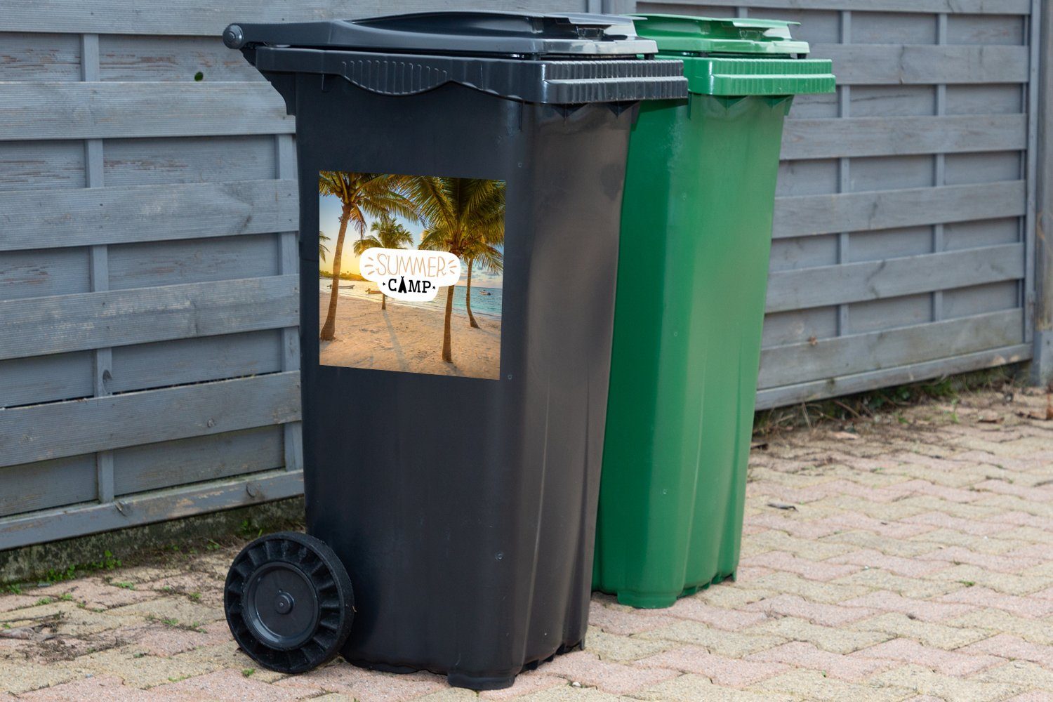Wandsticker - St), Container, - Abfalbehälter Sticker, MuchoWow - Zitate Palme Mülltonne, Sommer Mülleimer-aufkleber, (1 Strand