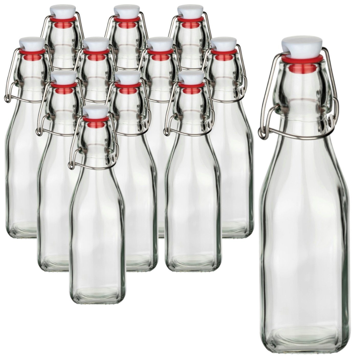 gouveo Trinkflasche Glasflasche 250 ml eckig mit Bügelverschluss rot Leere Flasche 0,25l, 12er