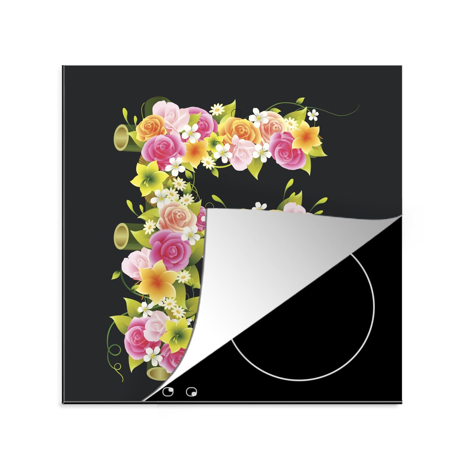 MuchoWow Herdblende-/Abdeckplatte Eine Illustration des Buchstabens F mit Blumen, Vinyl, (1 tlg), 78x78 cm, Ceranfeldabdeckung, Arbeitsplatte für küche