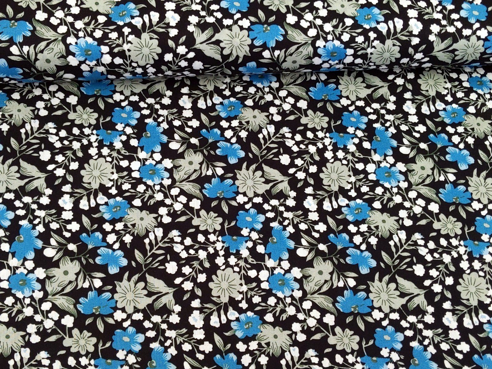 Corileo Stoff Baumwollstoff Popeline Blumen Aqua Schwarz Stoff Meterware