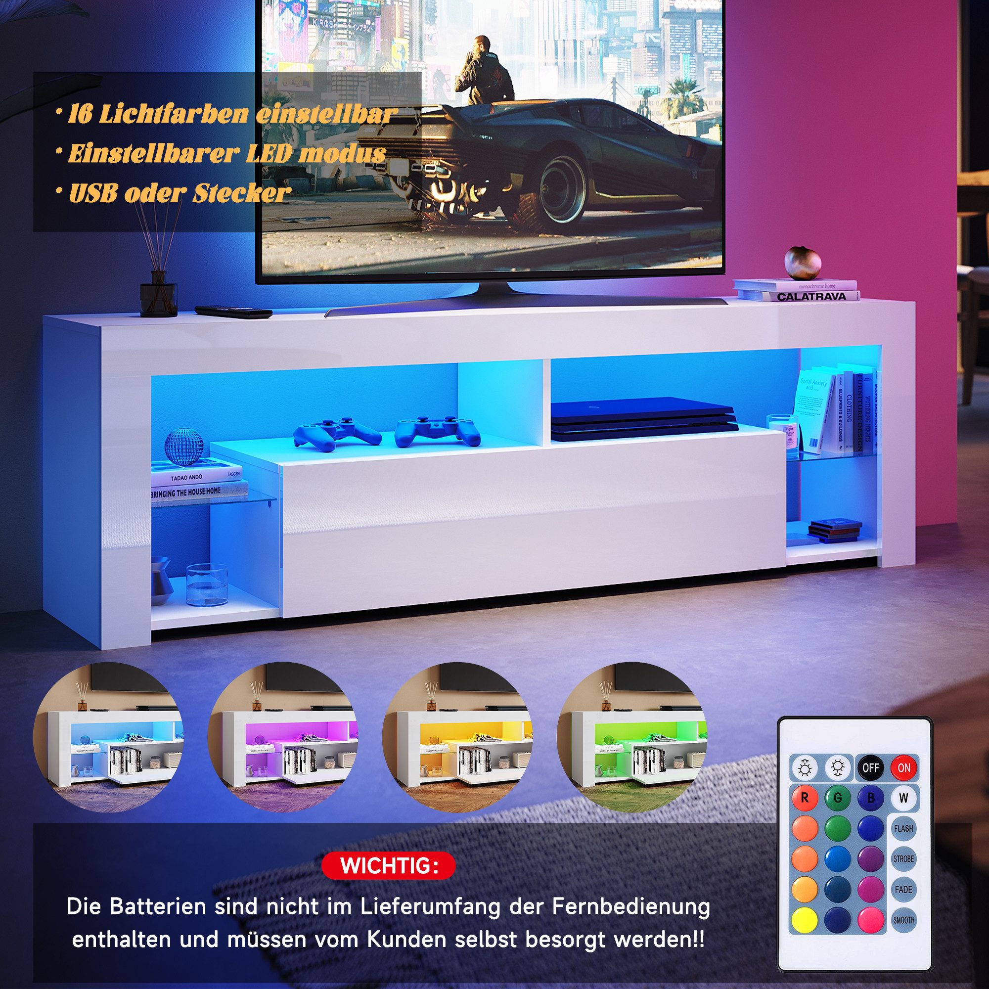 SONNI TV-Schrank Schwarzer TV-Ständer mit LED-Beleuchtung Stilvoll 140-180cm breit mit 12 Led Farben Beleuchtung TV Board