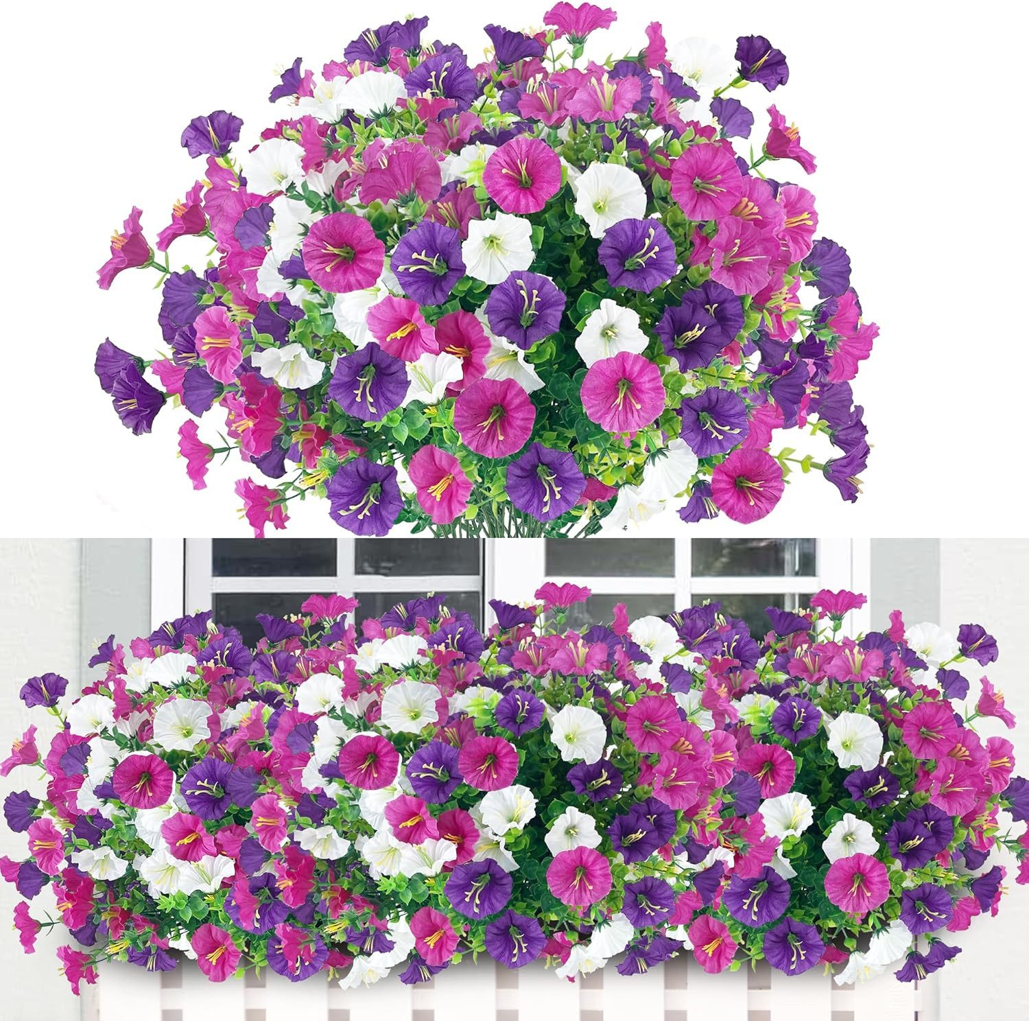Kunstblumenstrauß 9er Set bunte künstliche Petunien für Balkon & Außenbereich, FOUORTUNATE-BEE, Künstliche Hängepetunien für Balkon- und Blumenkasten-Deko