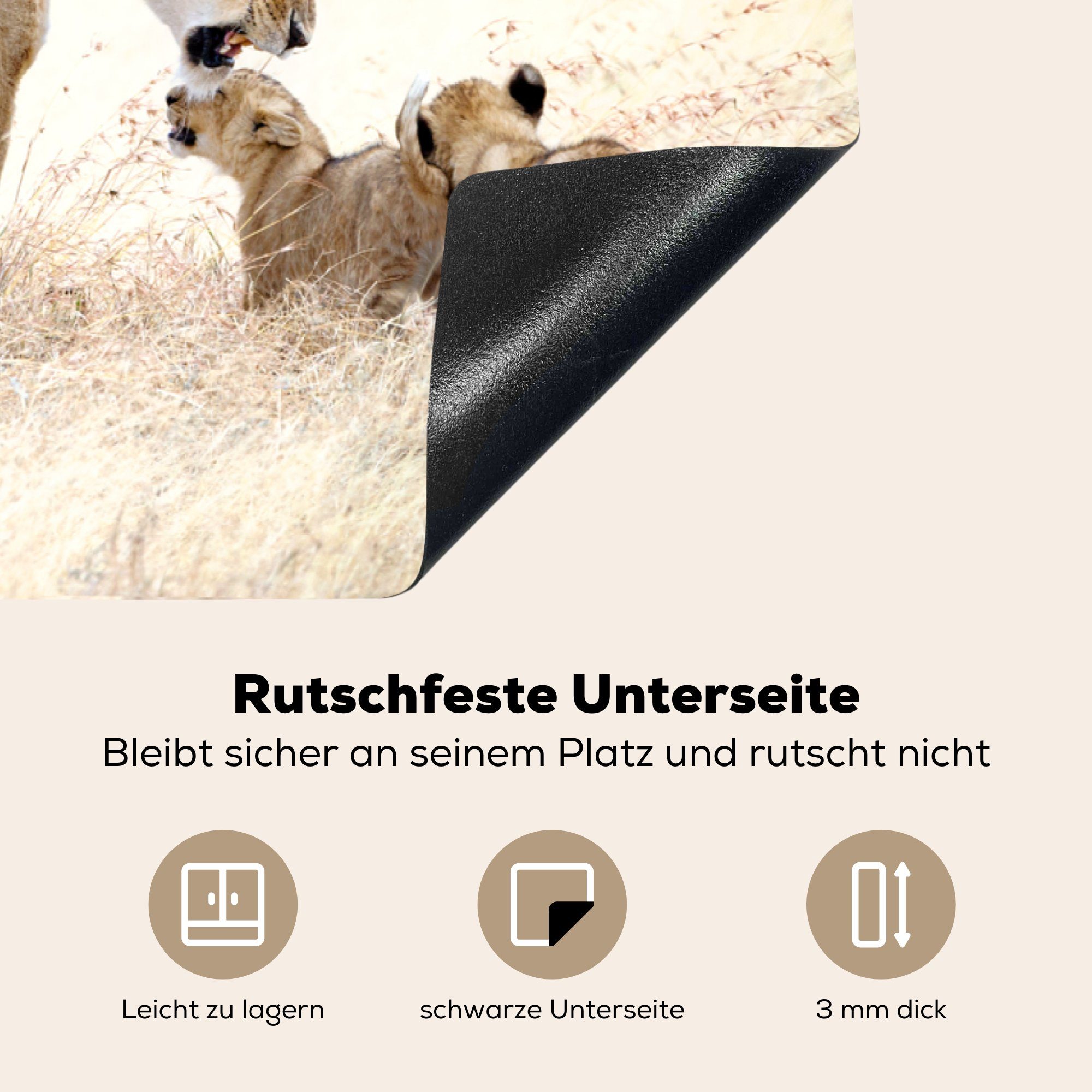 MuchoWow Herdblende-/Abdeckplatte Löwe (1 Familie, 83x51 Arbeitsplatte für tlg), Vinyl, Junge - küche - Gras - Ceranfeldabdeckung, cm