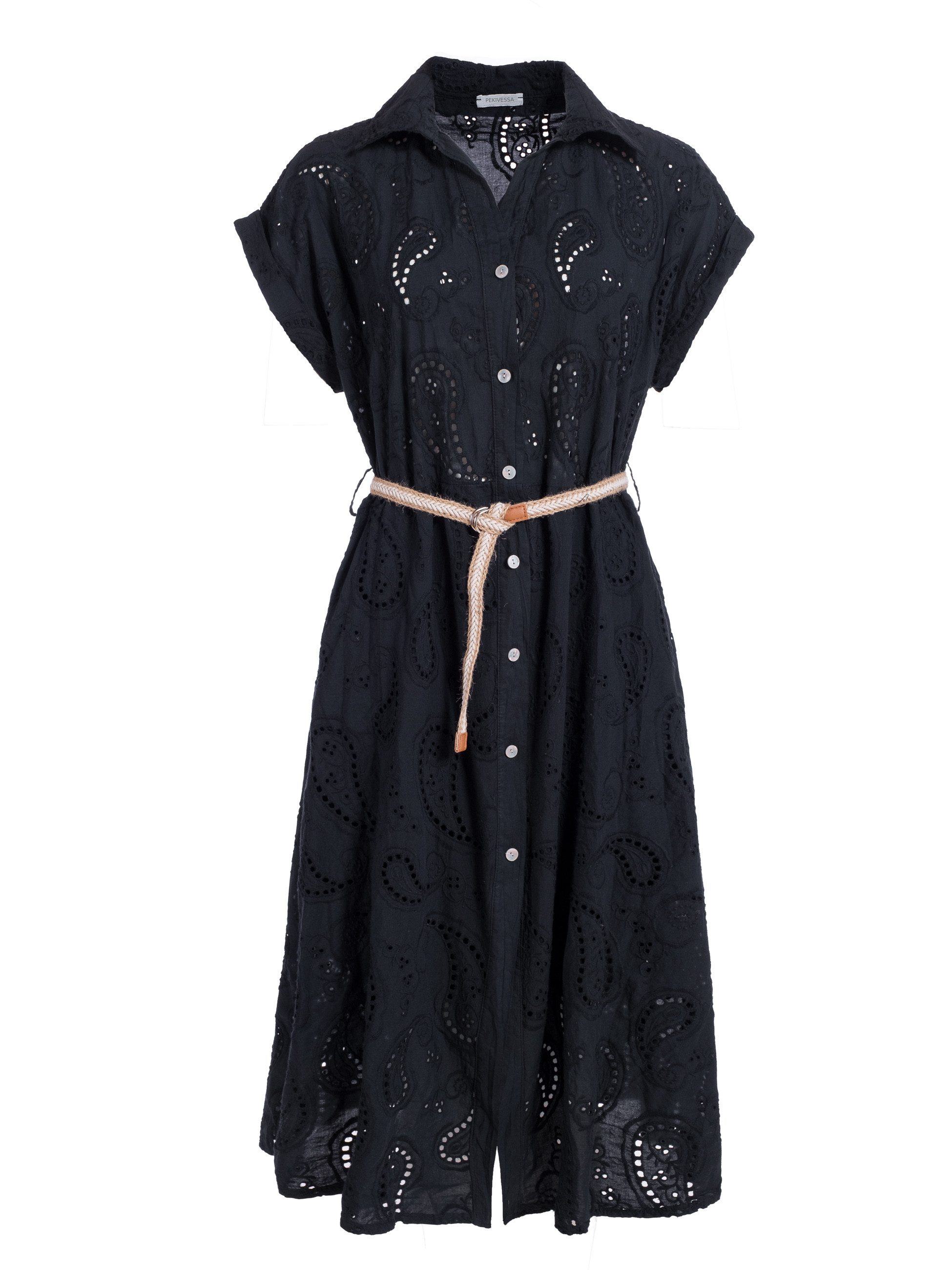 PEKIVESSA Sommerkleid Hemdblusenkleid mit Lochstickerei und Gürtel in Midilänge