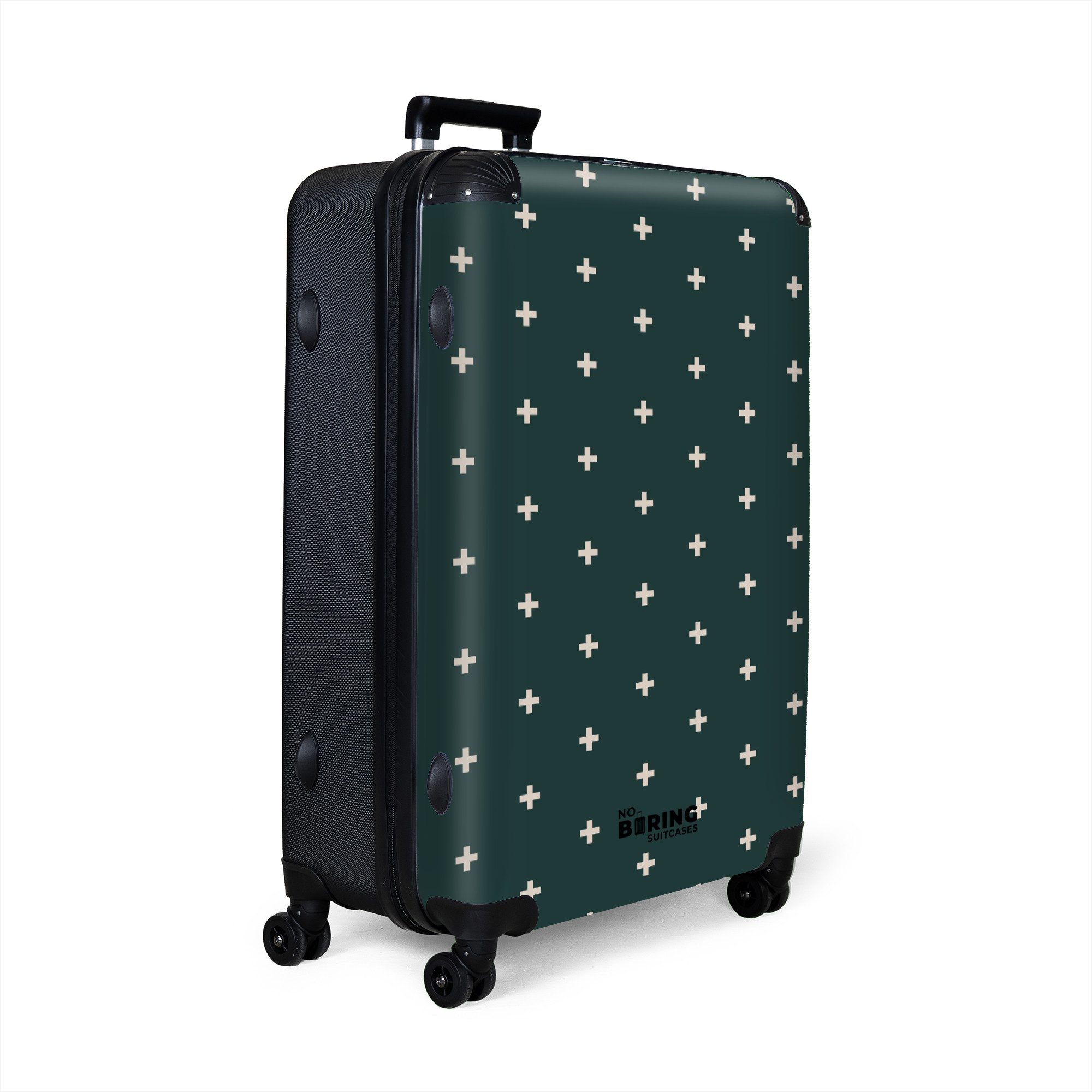 NoBoringSuitcases.com© Hartschalen-Trolley Grün mit weißen Pluszeichen günstig online kaufen