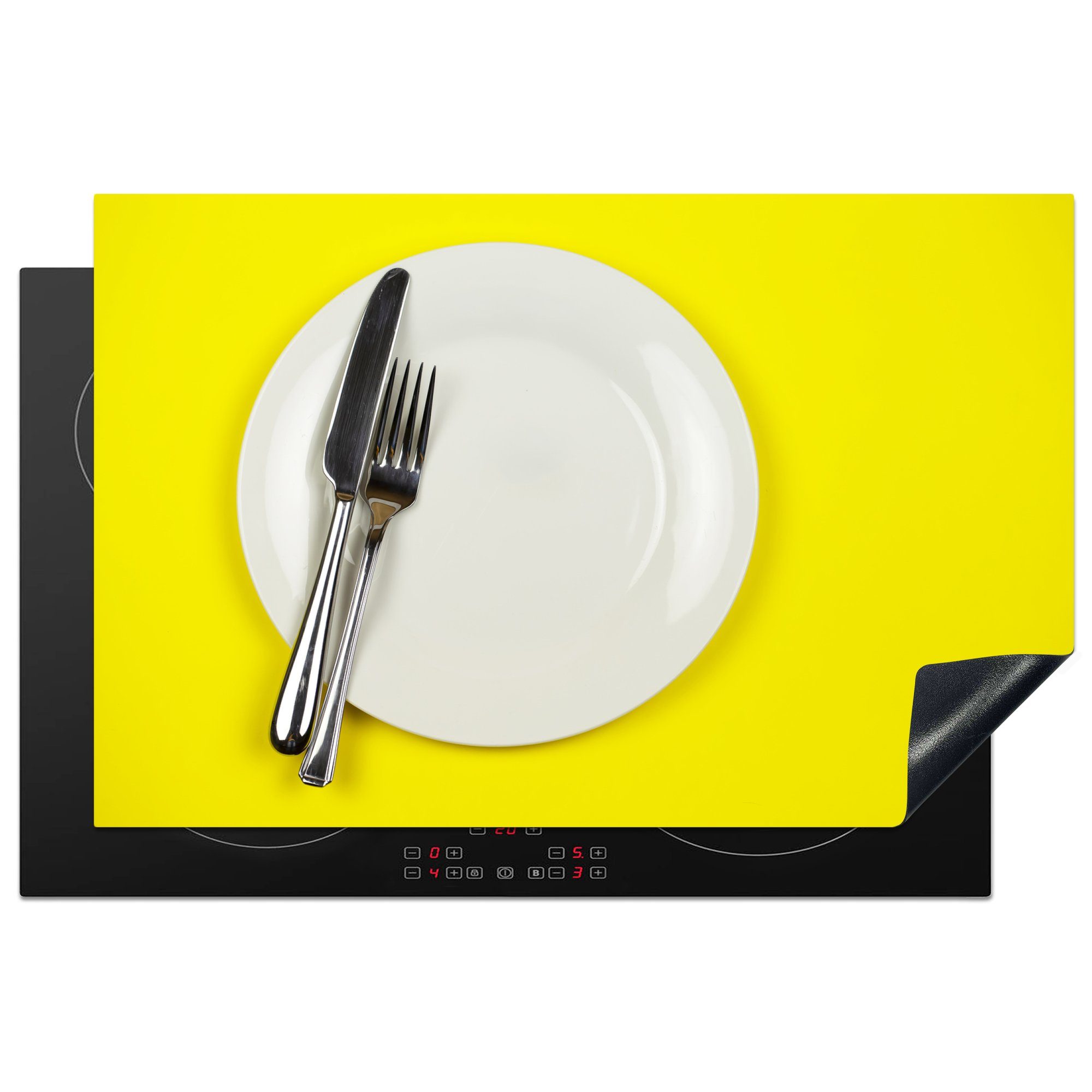 MuchoWow Herdblende-/Abdeckplatte Ein Messer und eine Gabel auf einem Teller mit gelbem Hintergrund, Vinyl, (1 tlg), 81x52 cm, Induktionskochfeld Schutz für die küche, Ceranfeldabdeckung