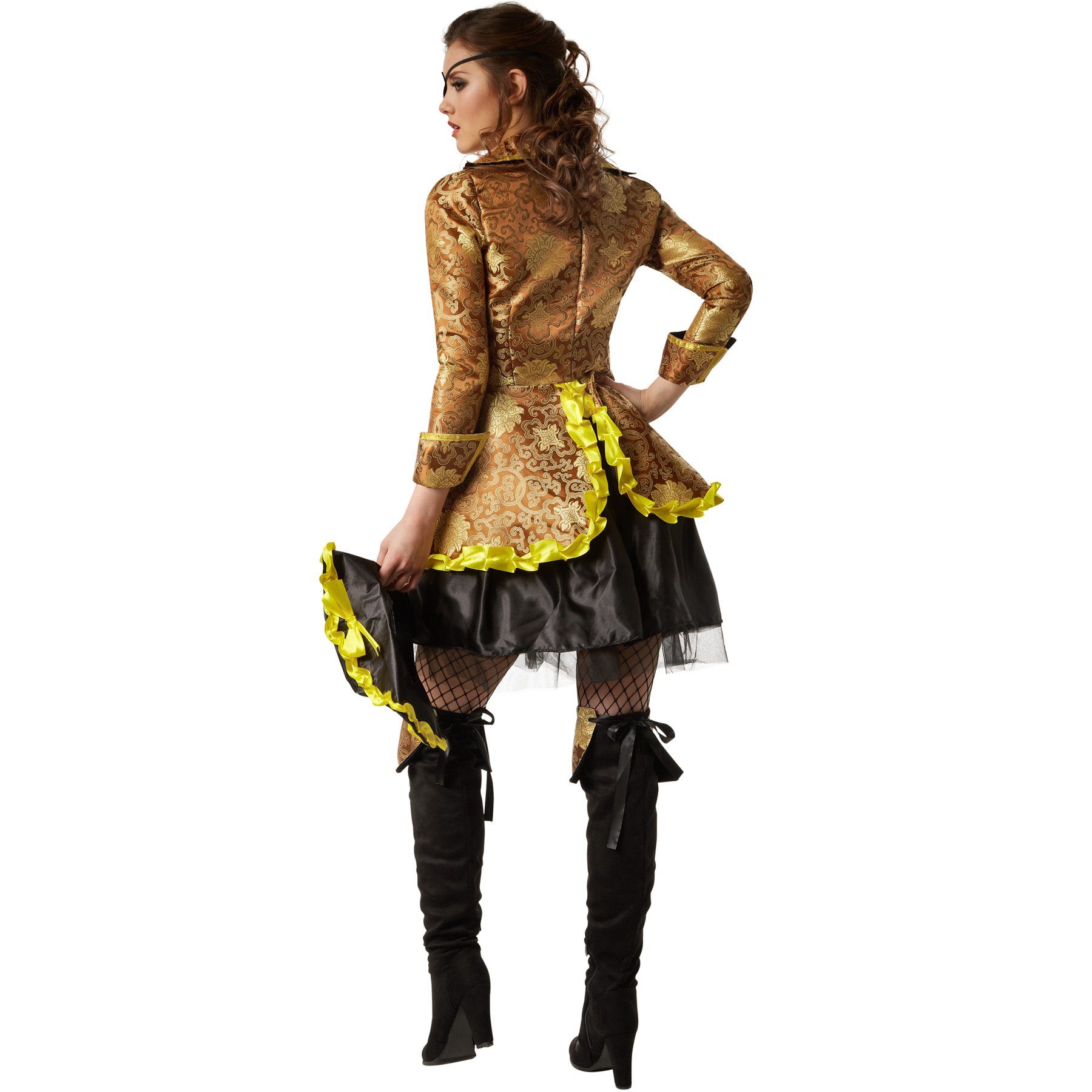 dressforfun Piraten-Kostüm Seeräuber/Freibeuter, in schwarz/gelb, Gr. XL, Kleid mit Schnürung, Tüllabschluss und transparenten Trägern, Stiefelstulpen mit Muster