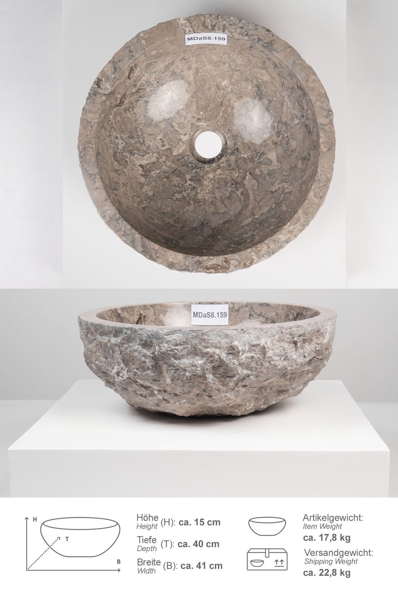 wohnfreuden Aufsatzwaschbecken Erosi Marmor Waschbecken 40 cm grau (Kein Set), 125883_MDaS8.159