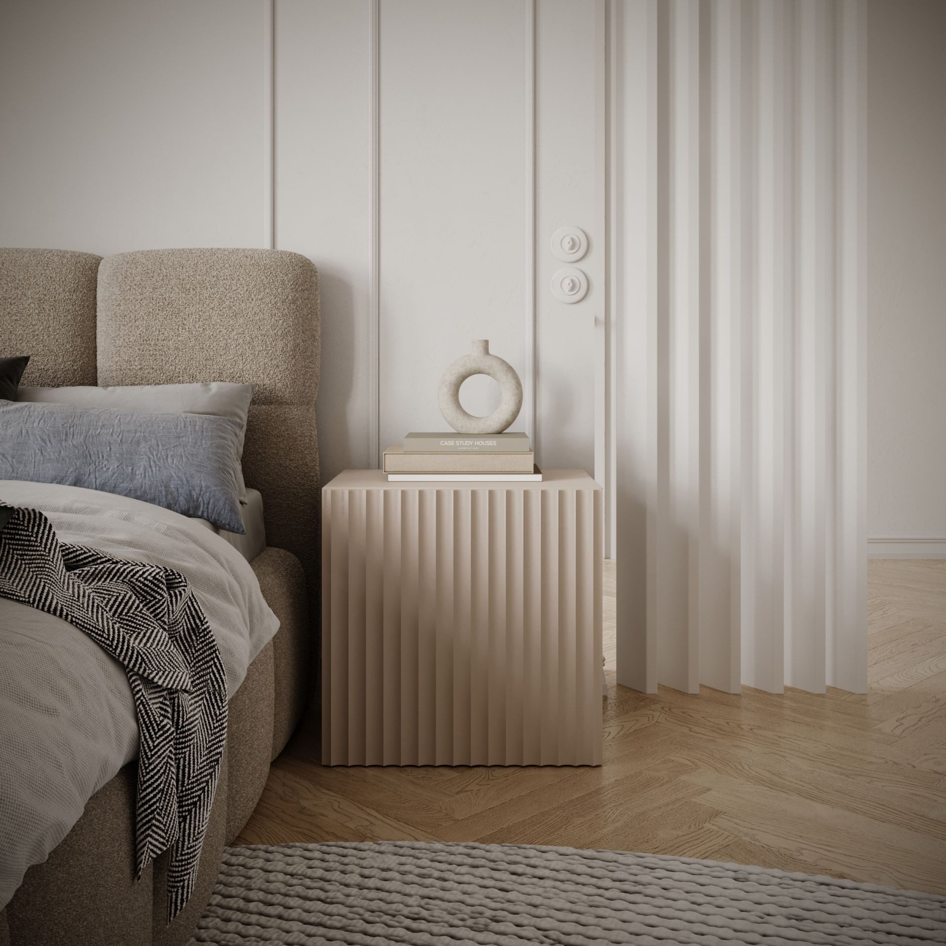 Selsey Nachttisch SUDS, Nachttisch in Kaschmirbeige mit Lamellenfront und Push-to-Open