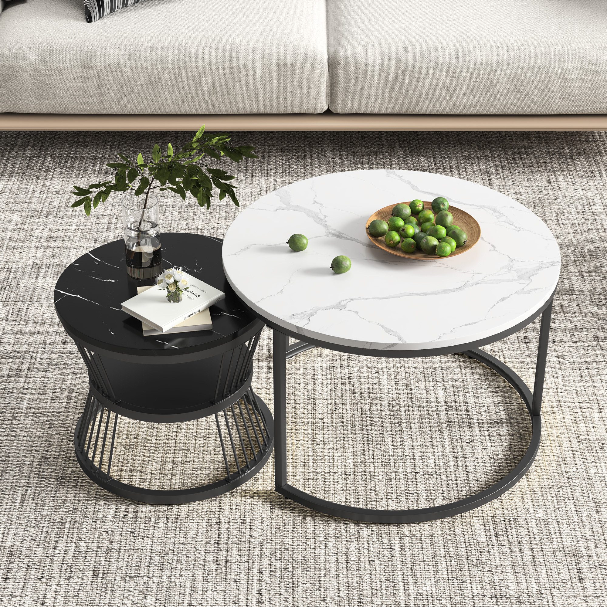 Furnishings Home Couchtisch rund Kaffeetisch Beistelltisch Satztische 2er Set, Große Werbung (2-St., Zweiteiliges Set), 2tlg. mit Marmormuster, 70 x 45.5 cm + 45 x 40 cm