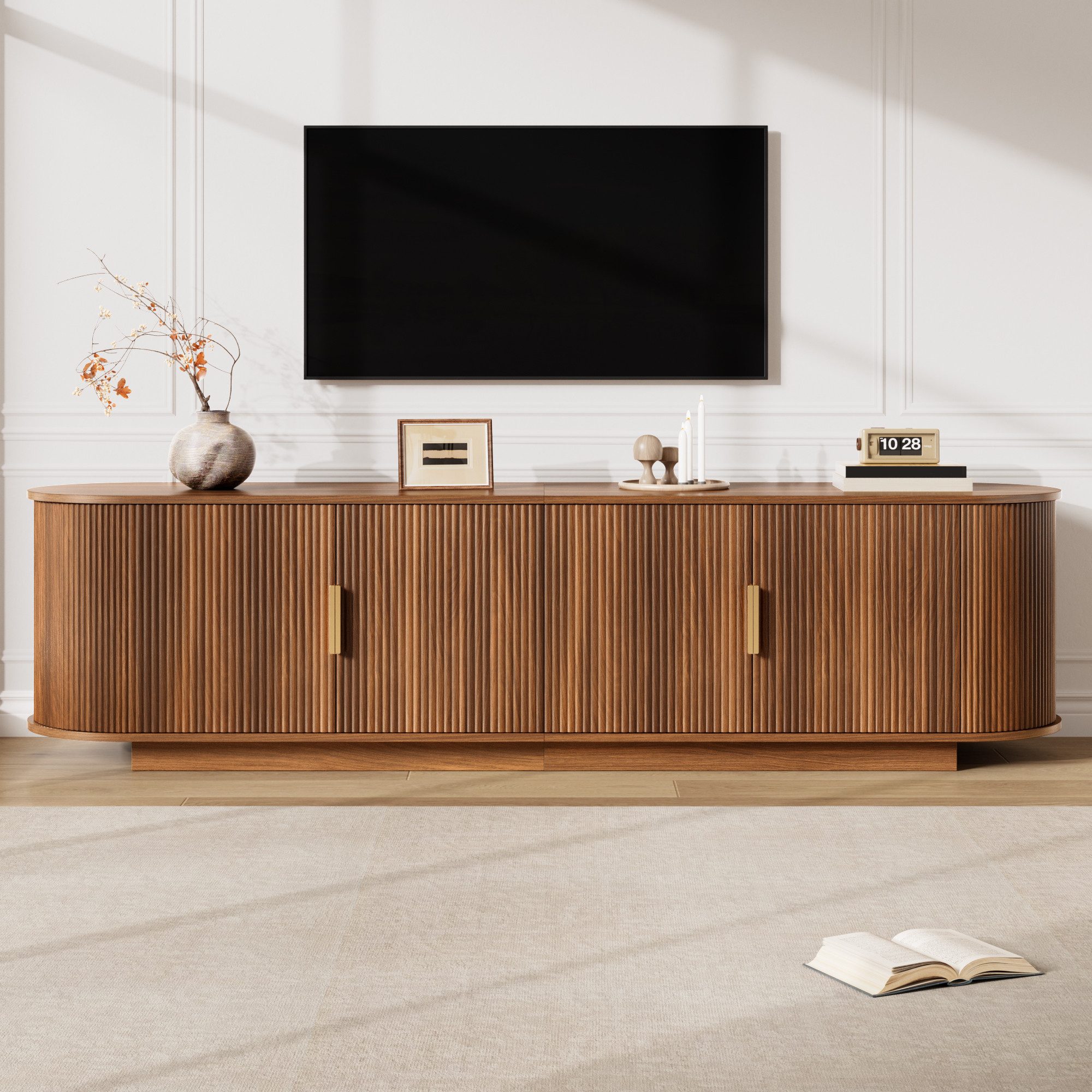 Celya TV-Schrank Lowboard, dreidimensionaler Wellenstruktur mit geräumiger Stauraum (Spanplatte+MDF-Korpus, mit Metallgriffe und 4 Türen) Geeignet für Wohnzimmer