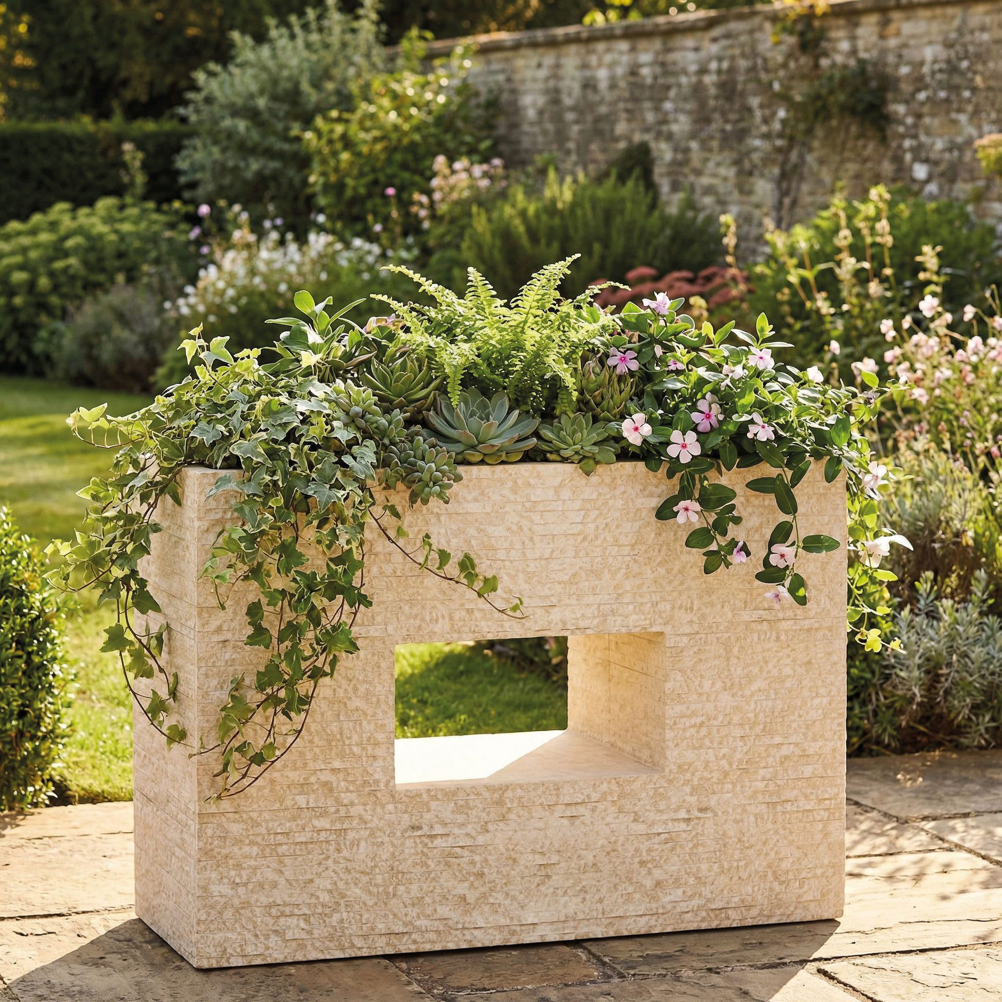 Pflanzwerk® Hochbeet Pflanzkübel VISTA - (Antik Sand) - 52cm x 75cm x 27cm, Fiberglas - Handgefertigt - Rechteckig - Frostbeständig