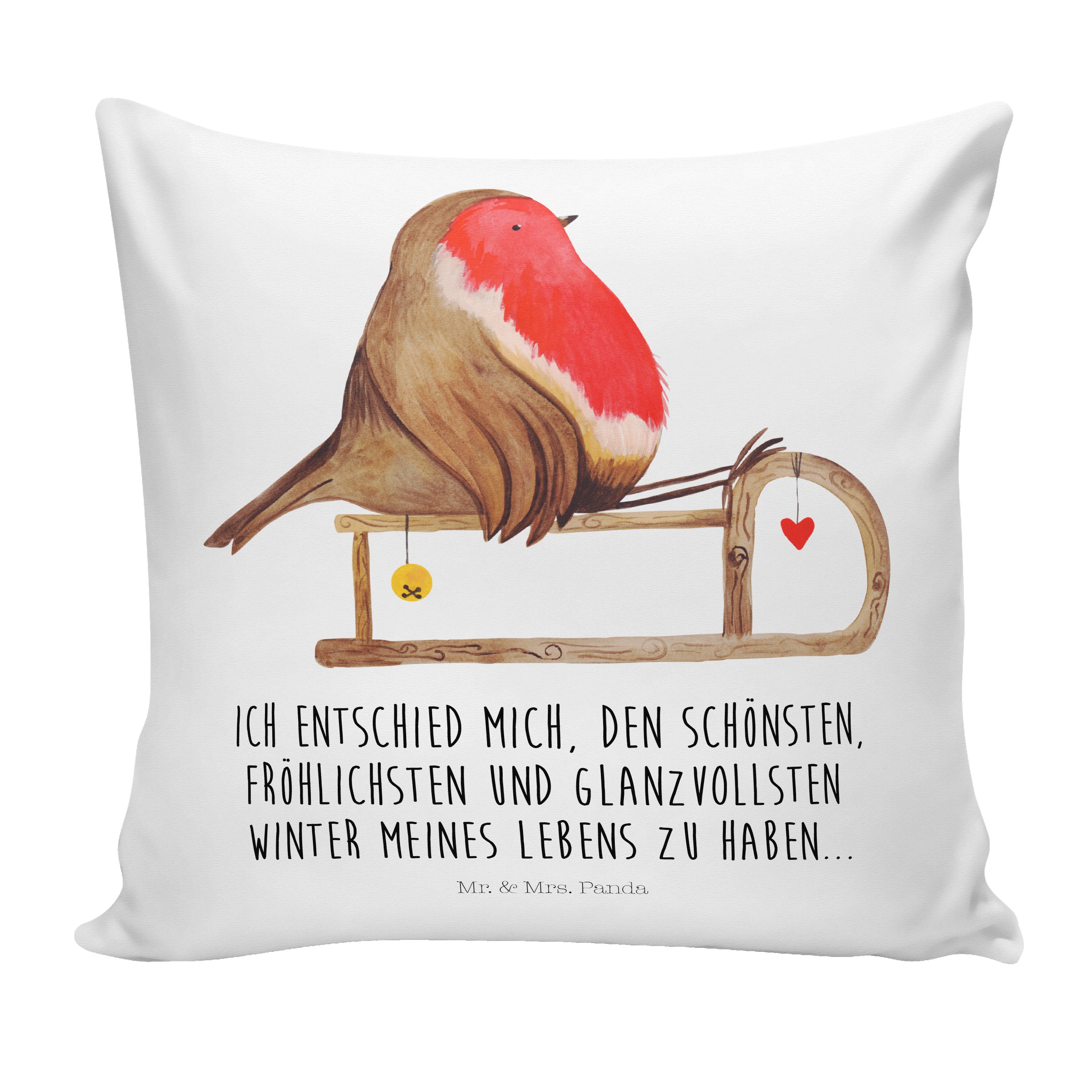 Wintermotiv, Rotkehlchen - Motivk Mrs. Mr. - Panda Weiß Dekokissen Geschenk, & Advent, Schlitten